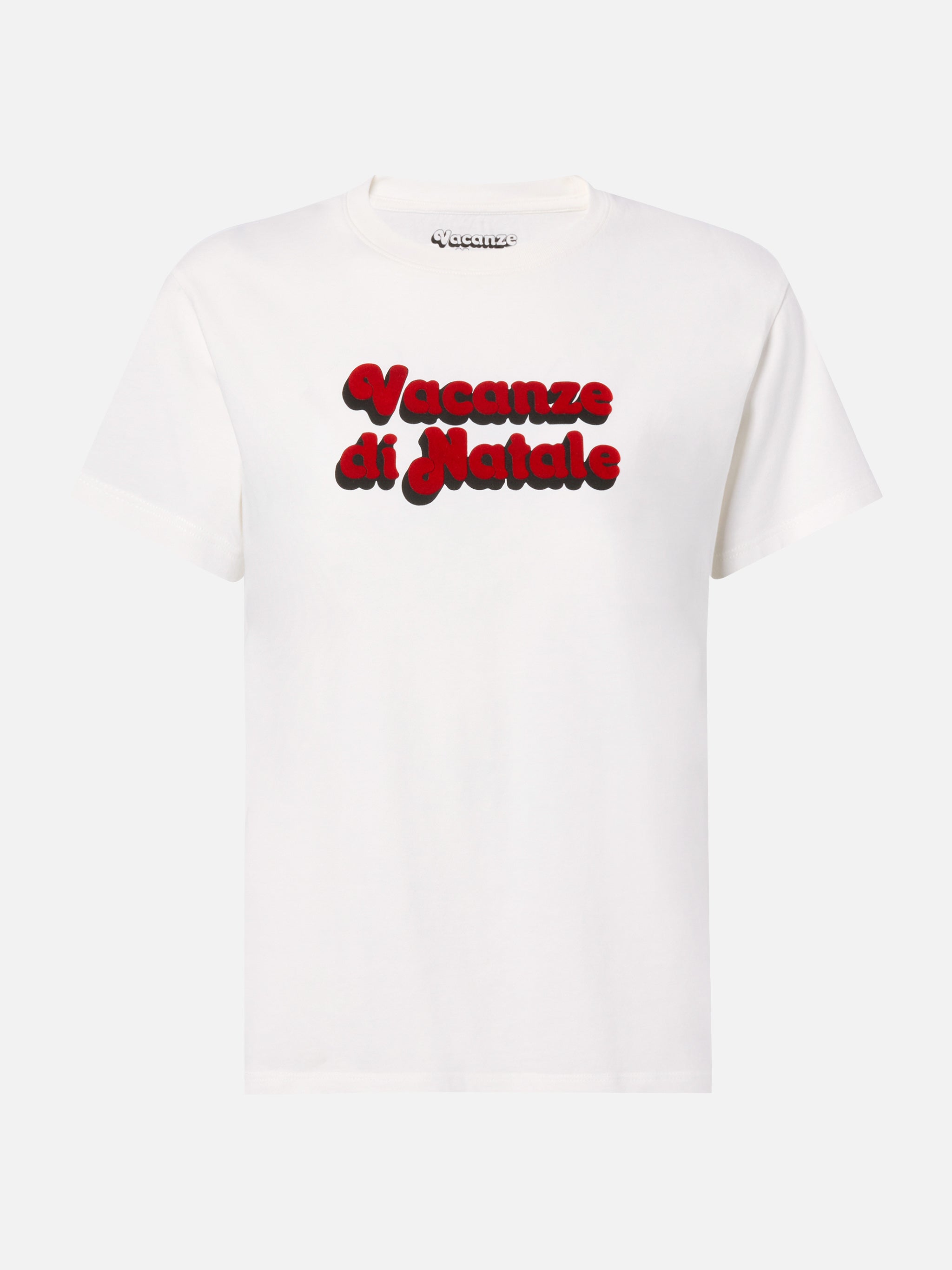 Emilie Organic Cotton T-Shirt White With Vacanze Di Natale Flock Print | Special Edition