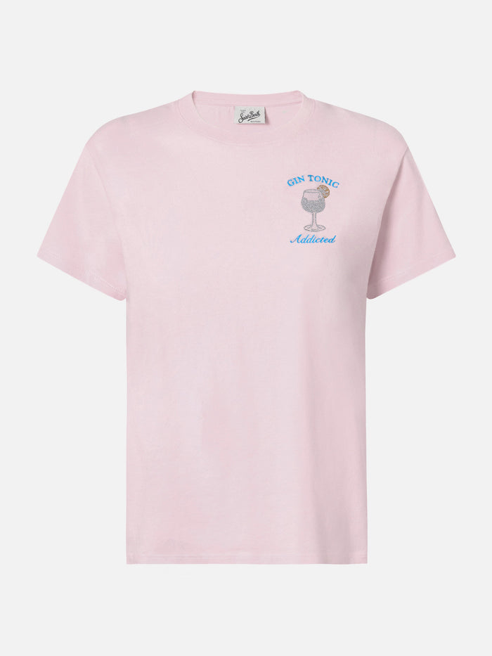 Emilie Cotton T-Shirt Pink With Gin Tonic Addicted Rhinestone Appliqué