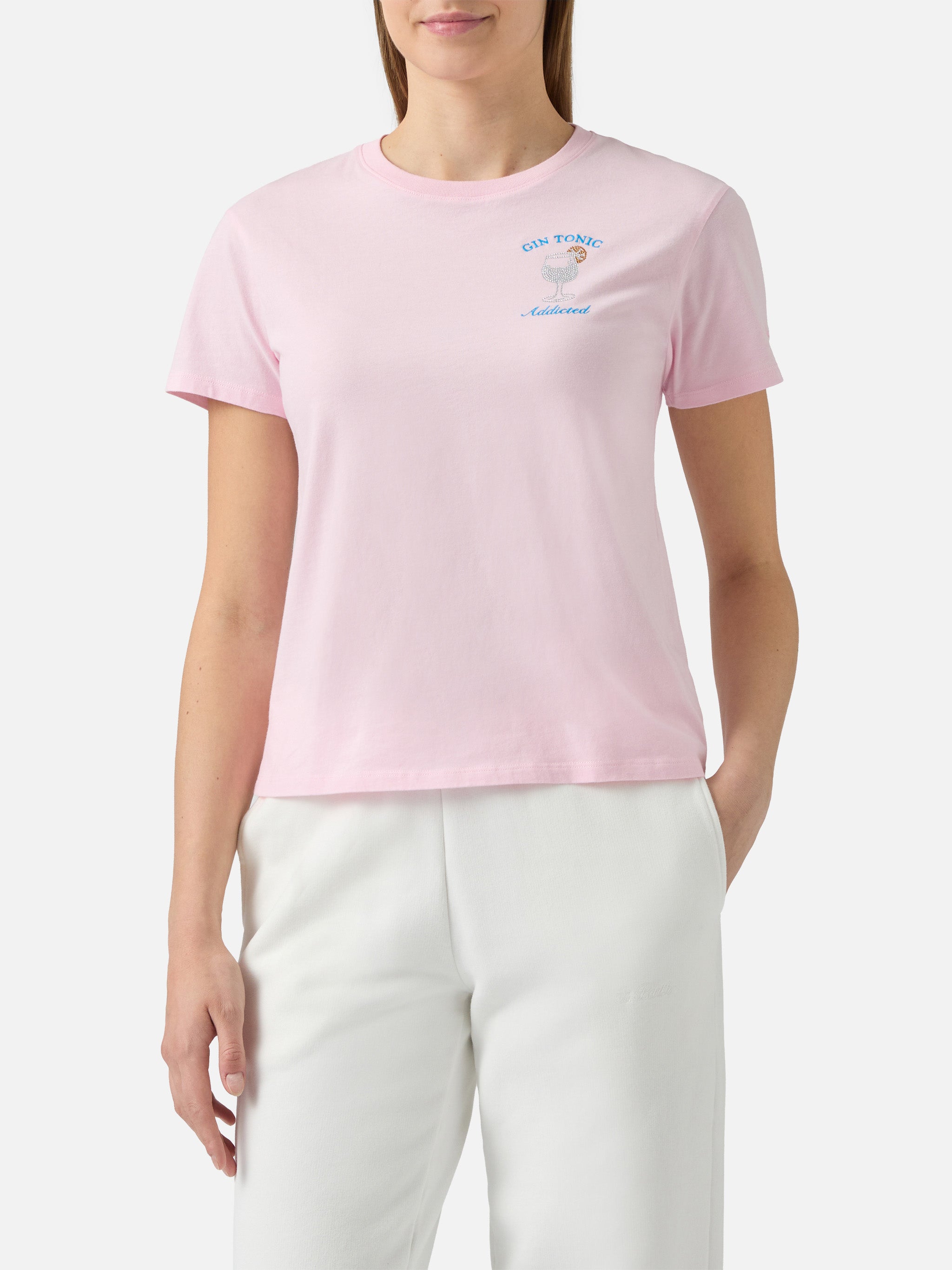 Emilie Cotton T-Shirt Pink With Gin Tonic Addicted Rhinestone Appliqué