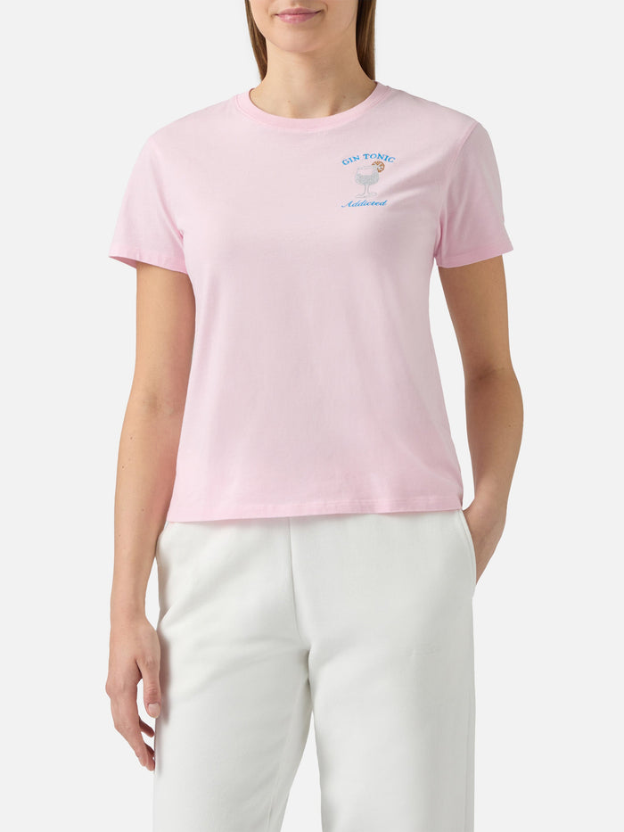Emilie Cotton T-Shirt Pink With Gin Tonic Addicted Rhinestone Appliqué