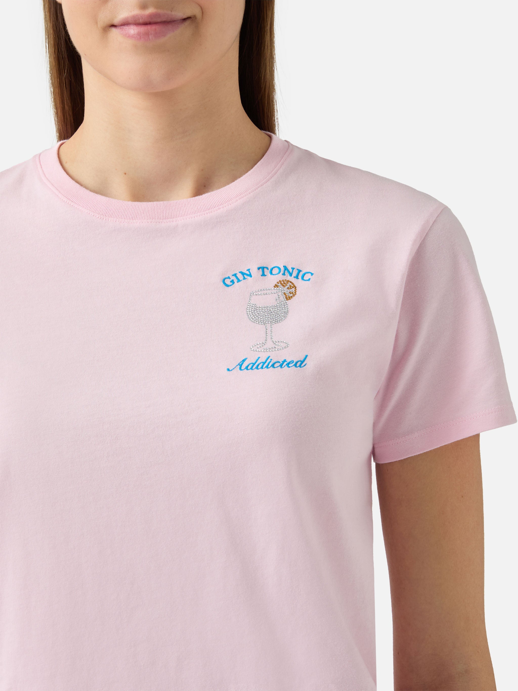 Emilie Cotton T-Shirt Pink With Gin Tonic Addicted Rhinestone Appliqué