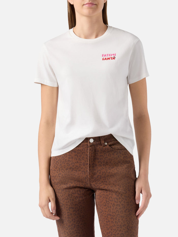 Emilie Organic Cotton T-Shirt White With Fatemi Santa Embroidery