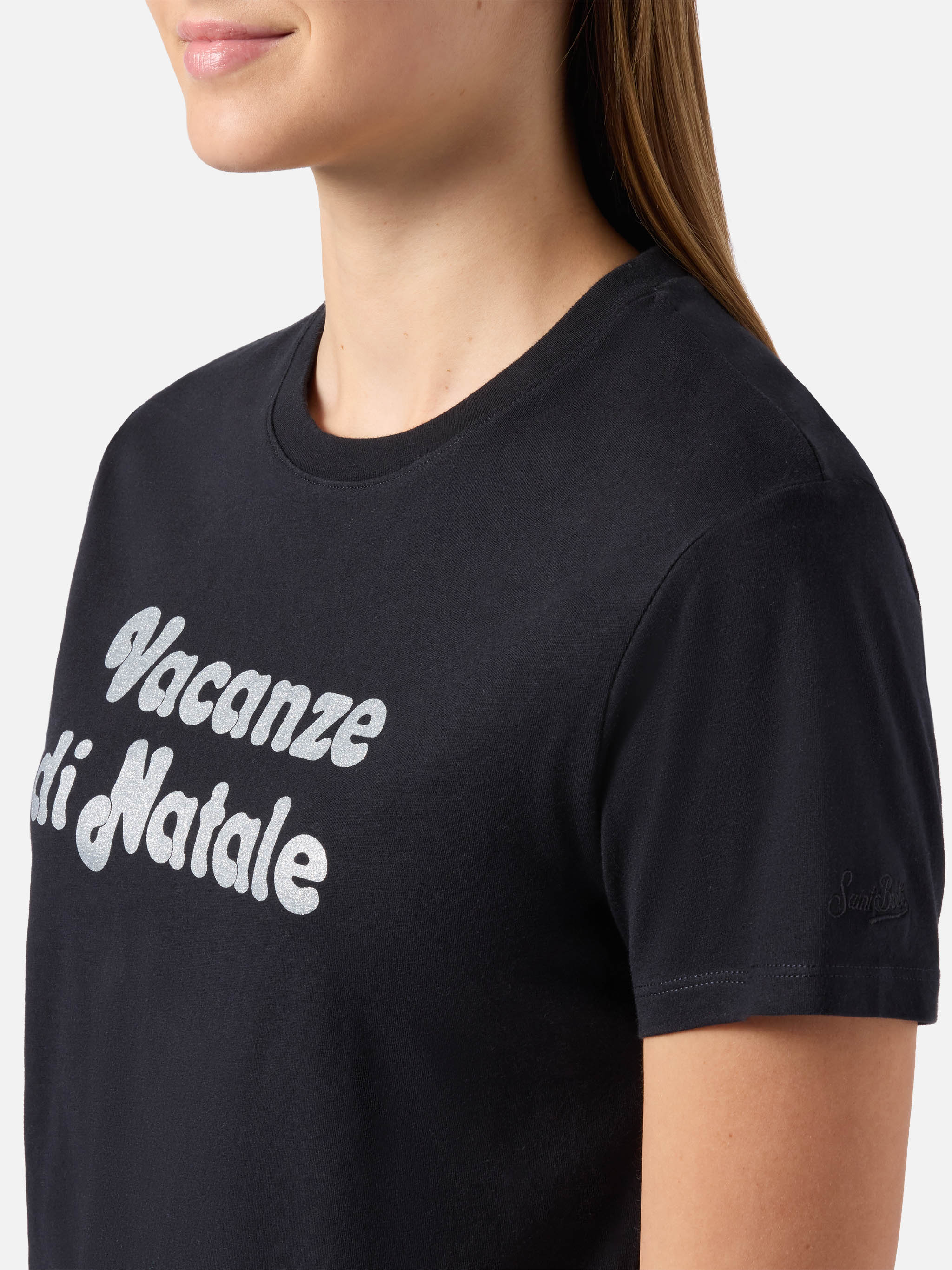 Emilie Cotton T-Shirt Black With Vacanze Di Natale Glitter Print | Special Edition