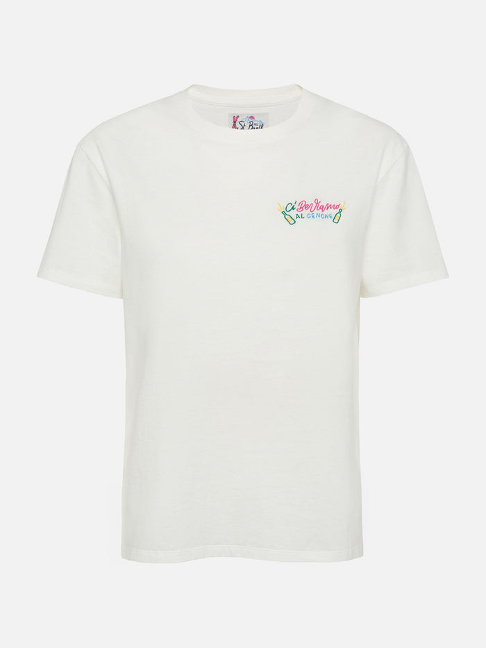 Winter Cotton T-Shirt Emilie With Ci Beviamo Al Cenone Embroidery | Insulti Luminosi Special Edition White