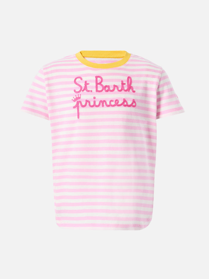 Cotton T-Shirt Emma With Striped Print And St. Barth Princess Embroidery Pink