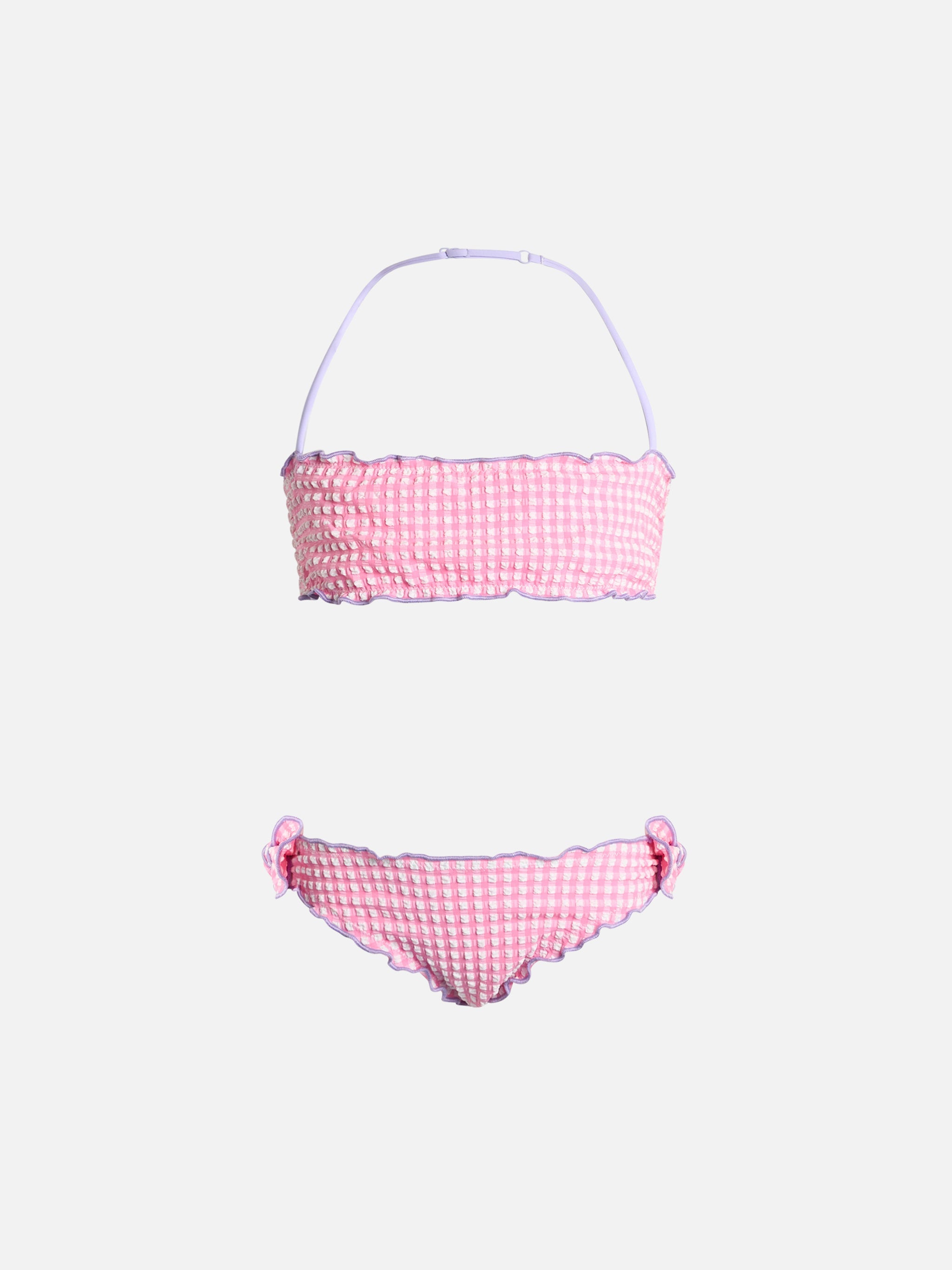 Girl Seersucker Classic Bandeau Bikini Emy With Gingham Print Pink