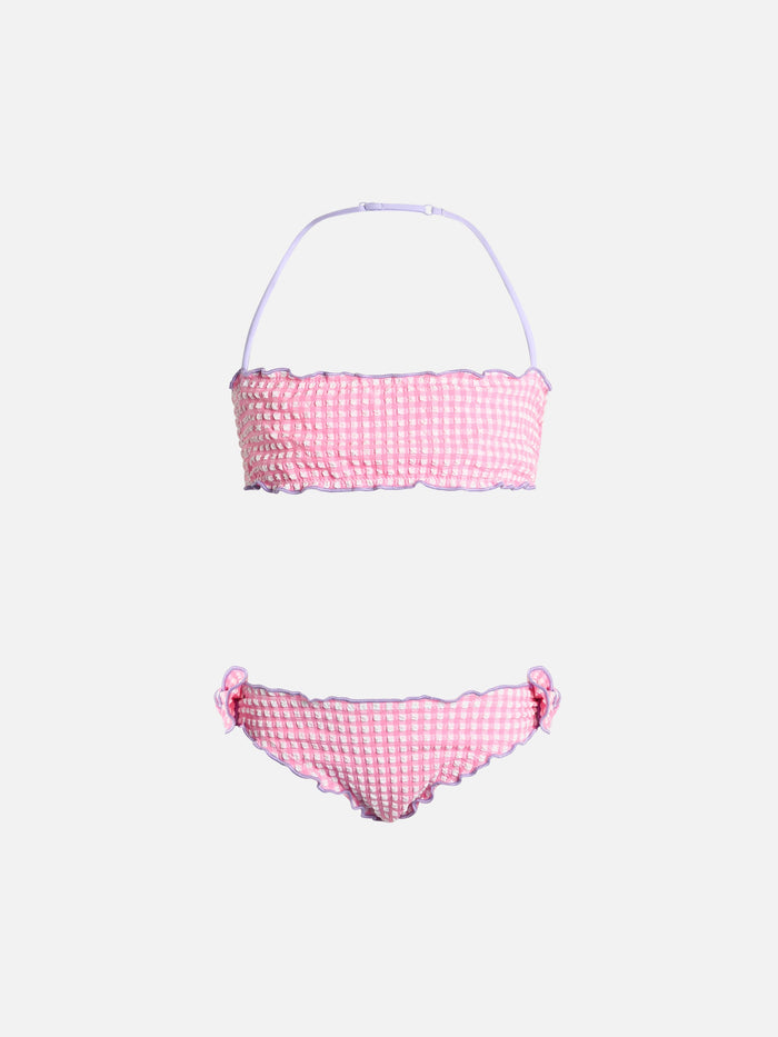 Girl Seersucker Classic Bandeau Bikini Emy With Gingham Print Pink
