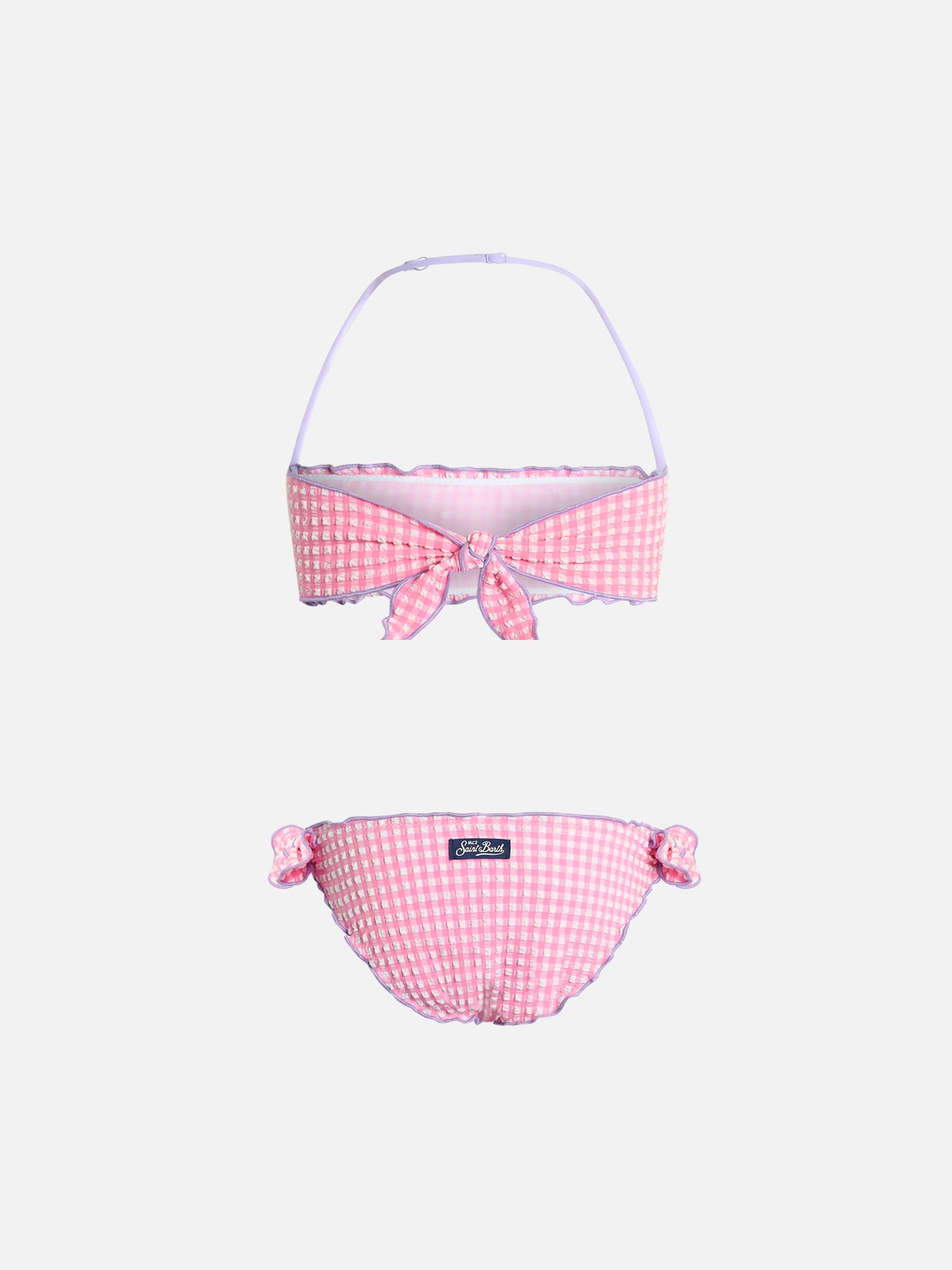 Girl Seersucker Classic Bandeau Bikini Emy With Gingham Print Pink