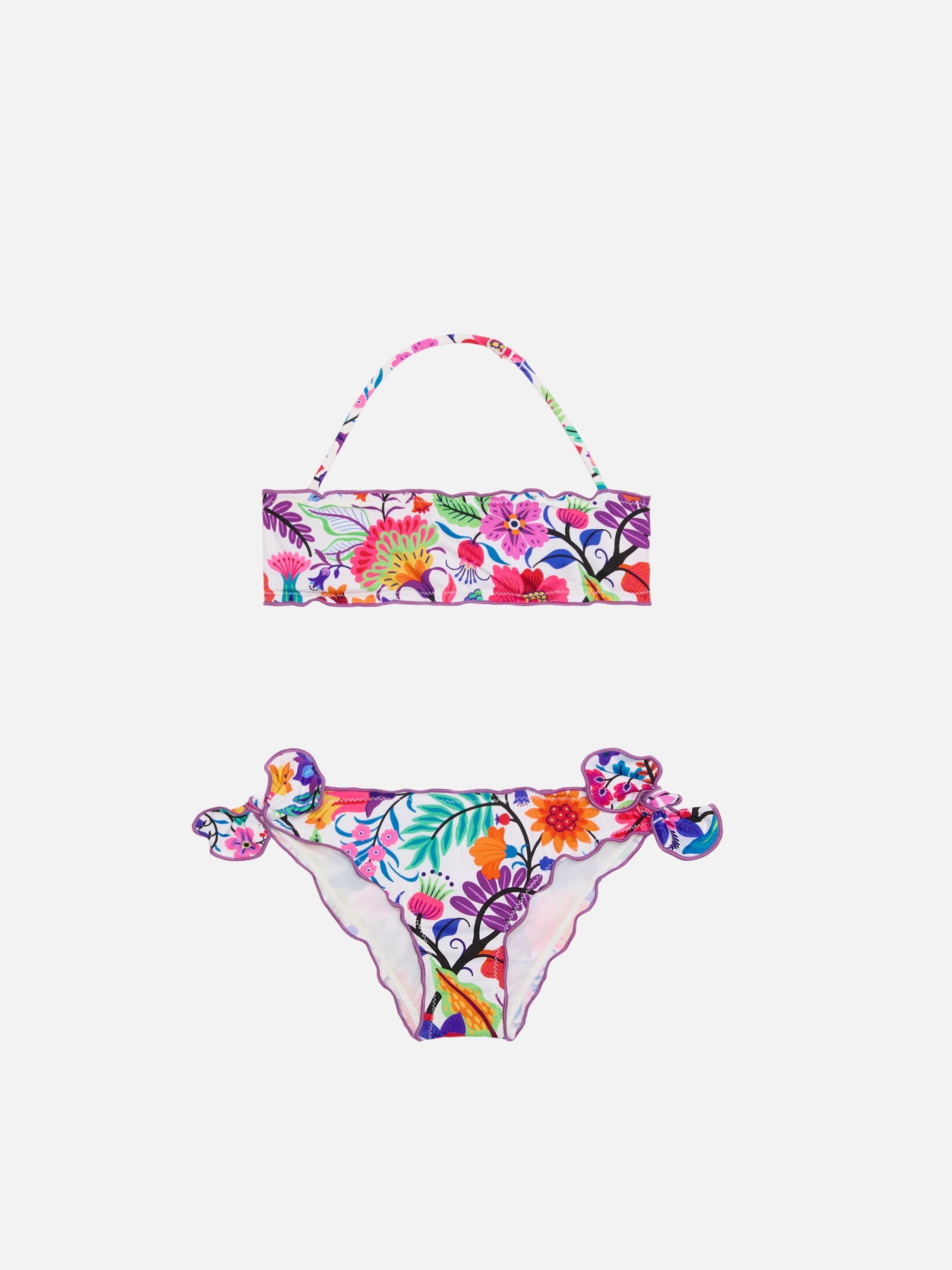 Girl Bandeau Bikini With Multicolor Flowers White