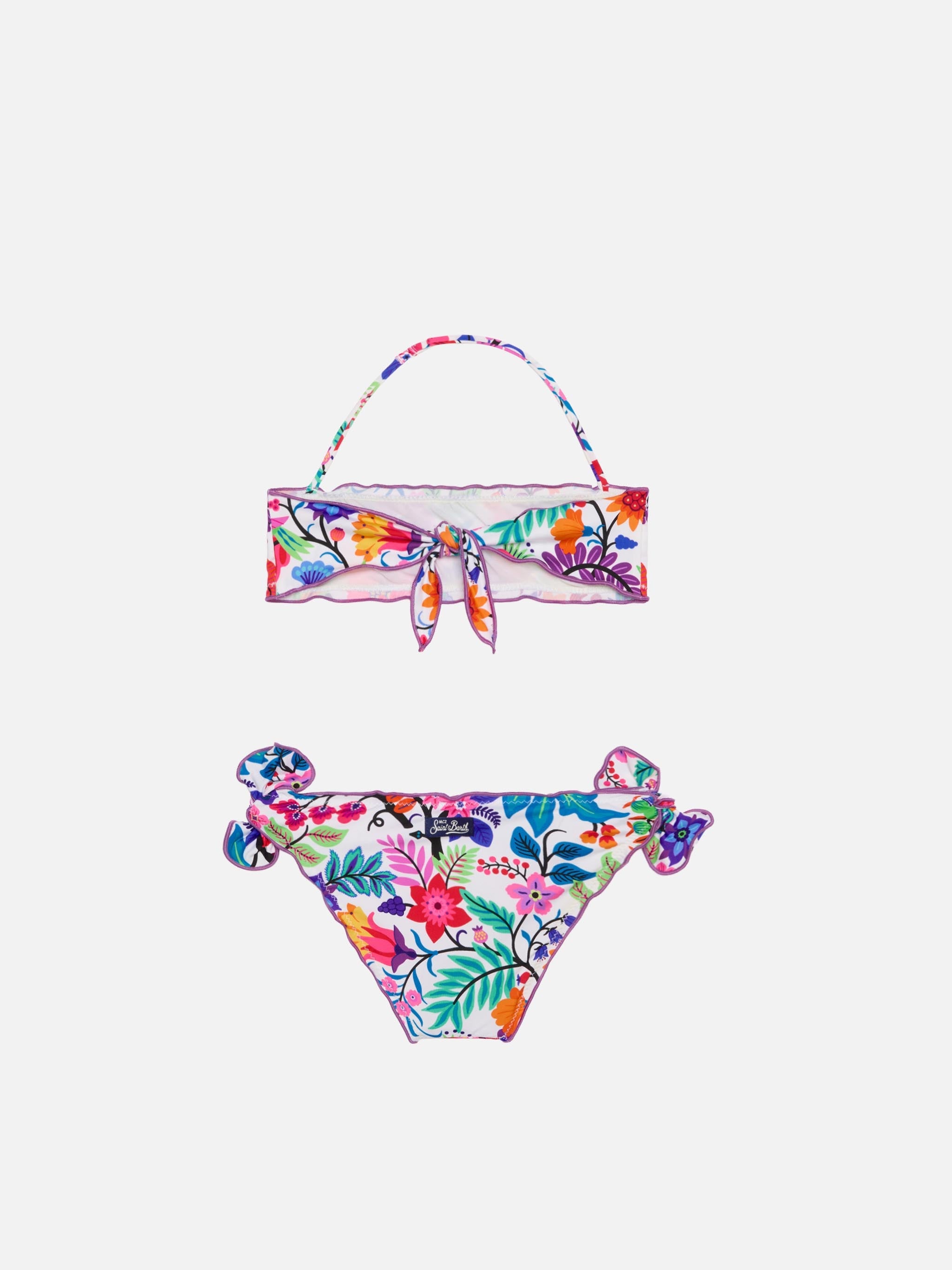 Girl Bandeau Bikini With Multicolor Flowers White