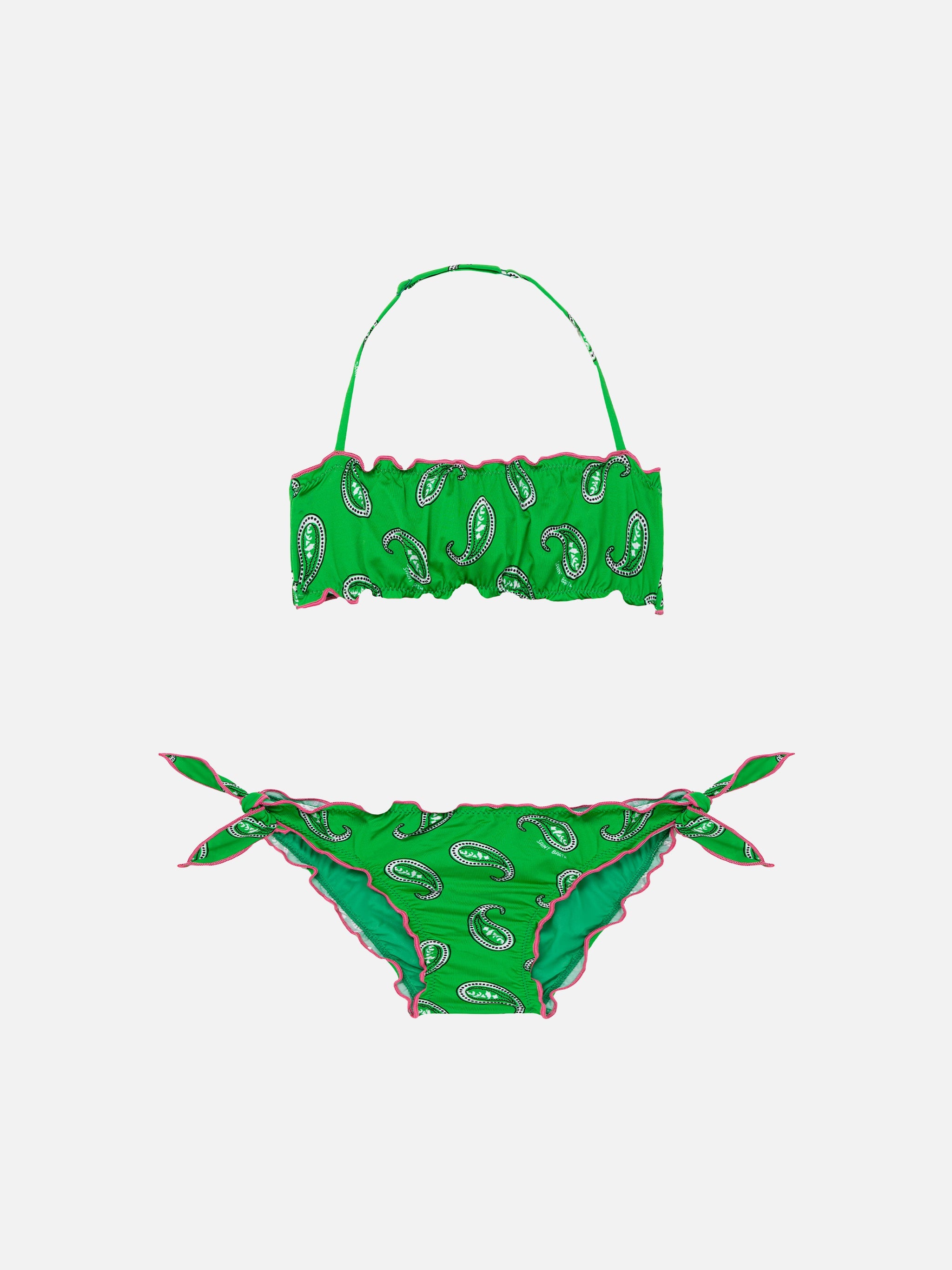 Girl Bandeau Bikini With Paisley Print Green
