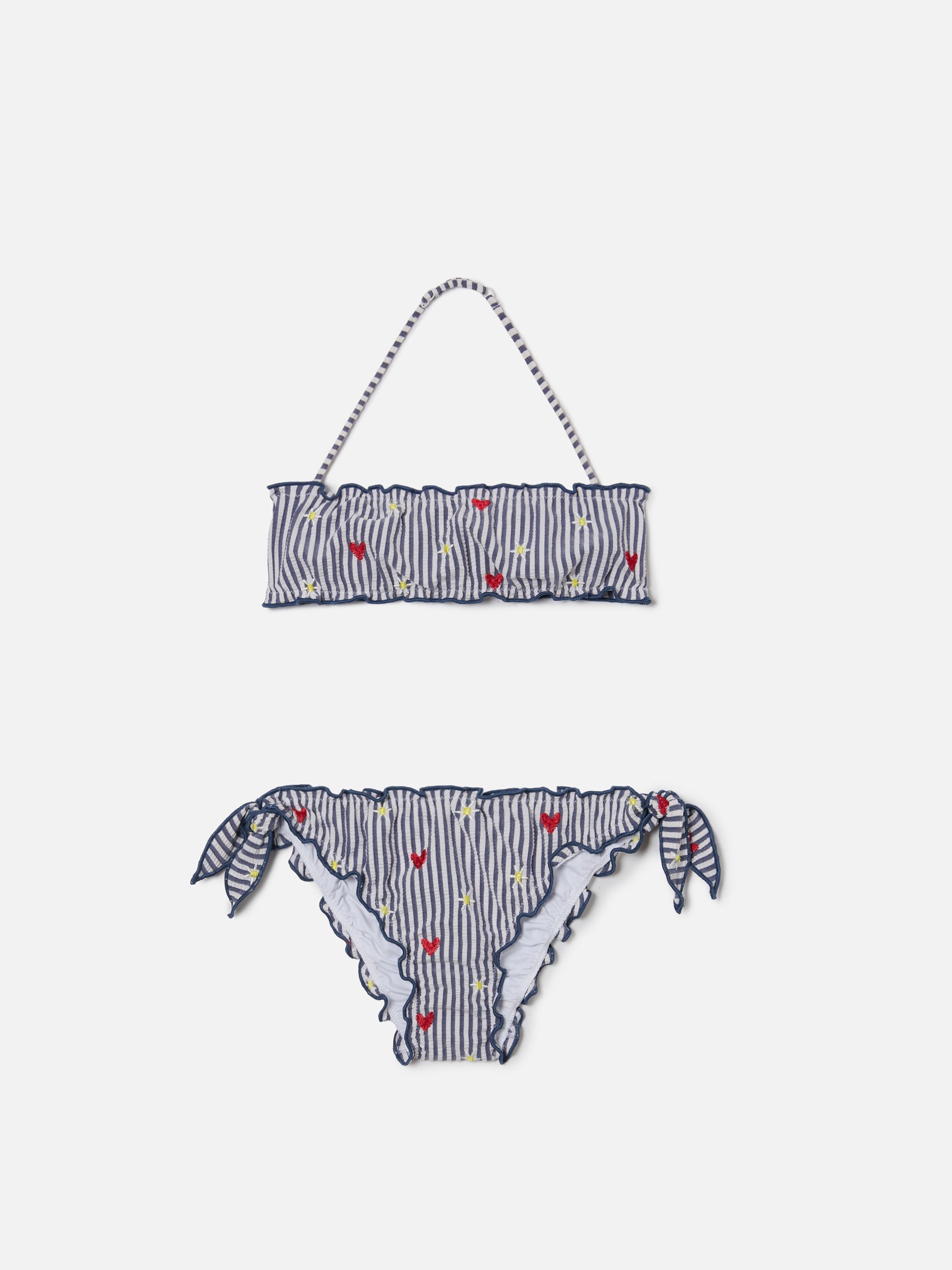 Emy White And Navy Striped Seersucker Embroidered Bikini Blue