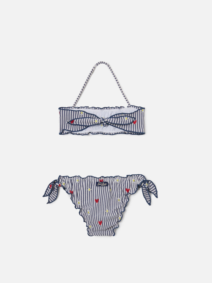 Emy White And Navy Striped Seersucker Embroidered Bikini Blue
