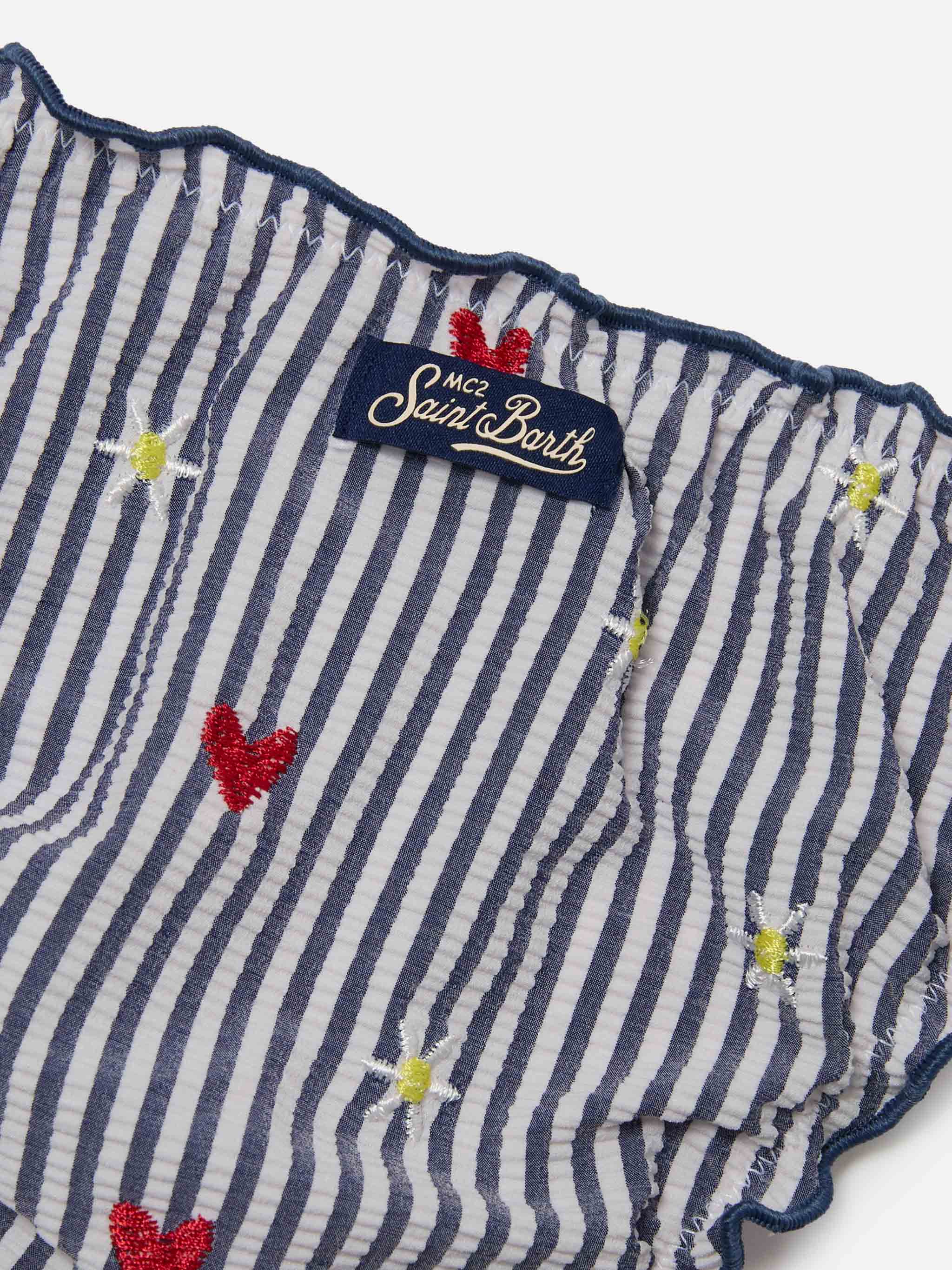 Emy White And Navy Striped Seersucker Embroidered Bikini Blue