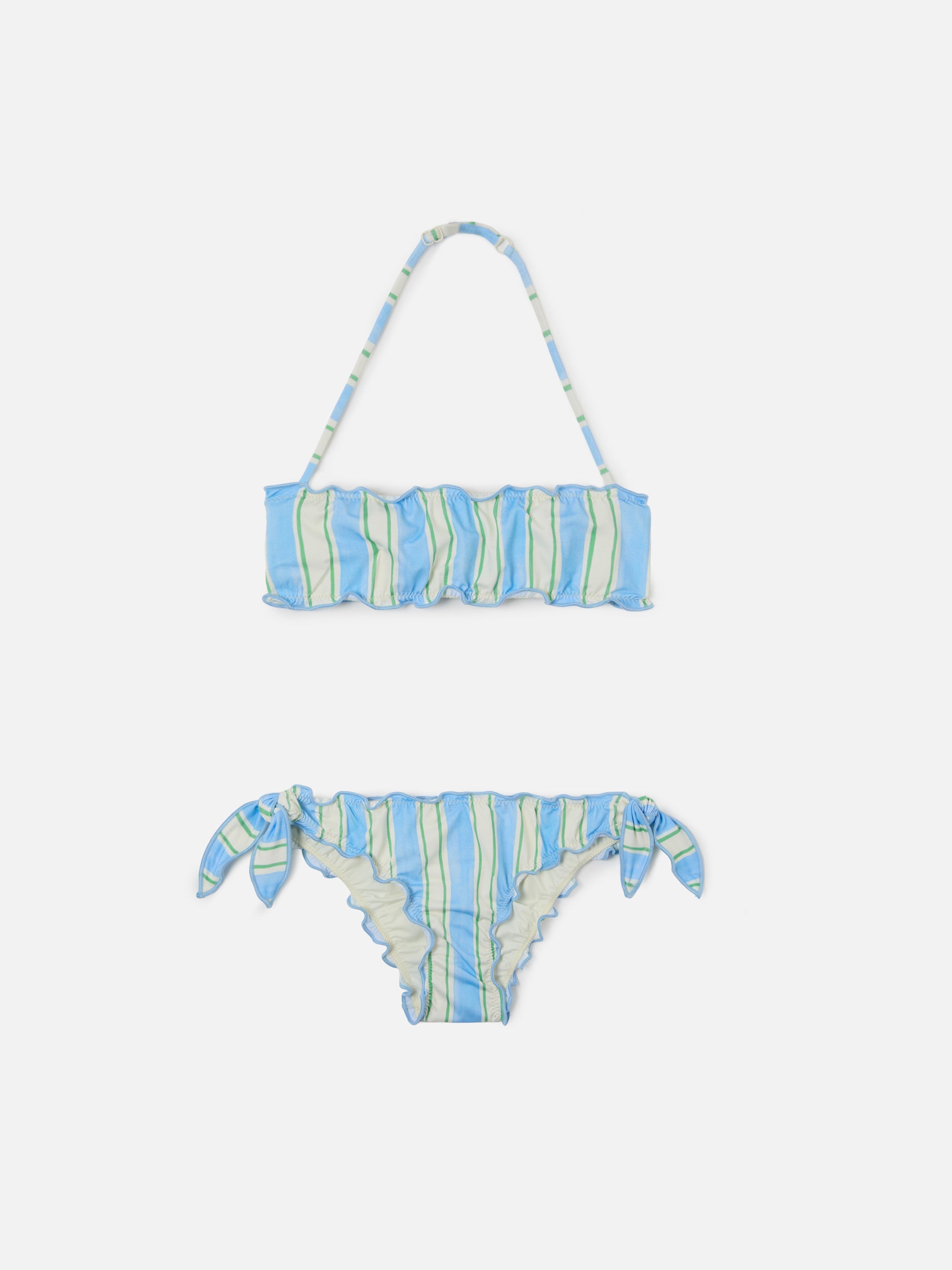 Emy White, Light Blue And Green Striped Bikini With Ruffled Edges Sky
