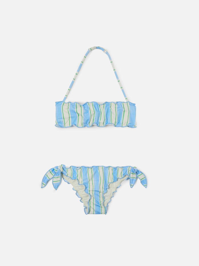 Emy White, Light Blue And Green Striped Bikini With Ruffled Edges Sky