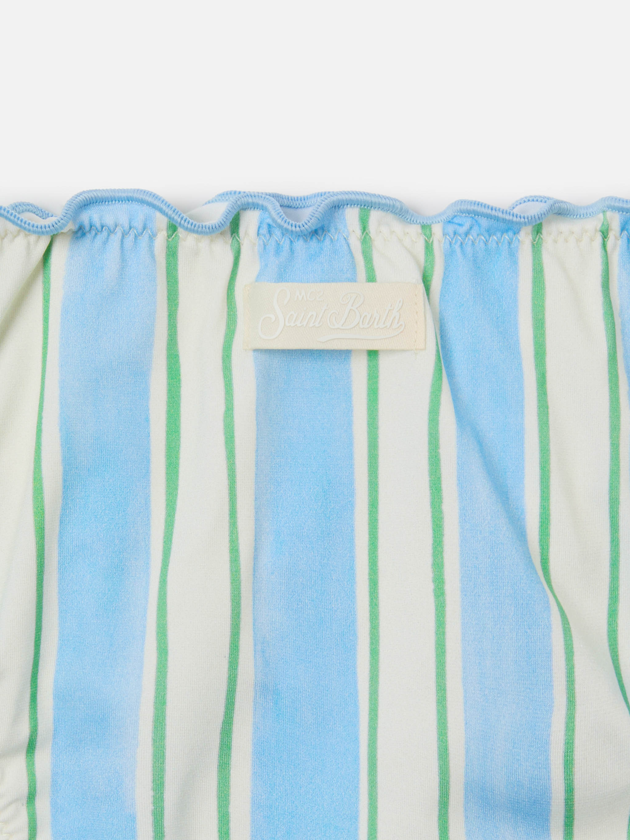 Emy White, Light Blue And Green Striped Bikini With Ruffled Edges Sky