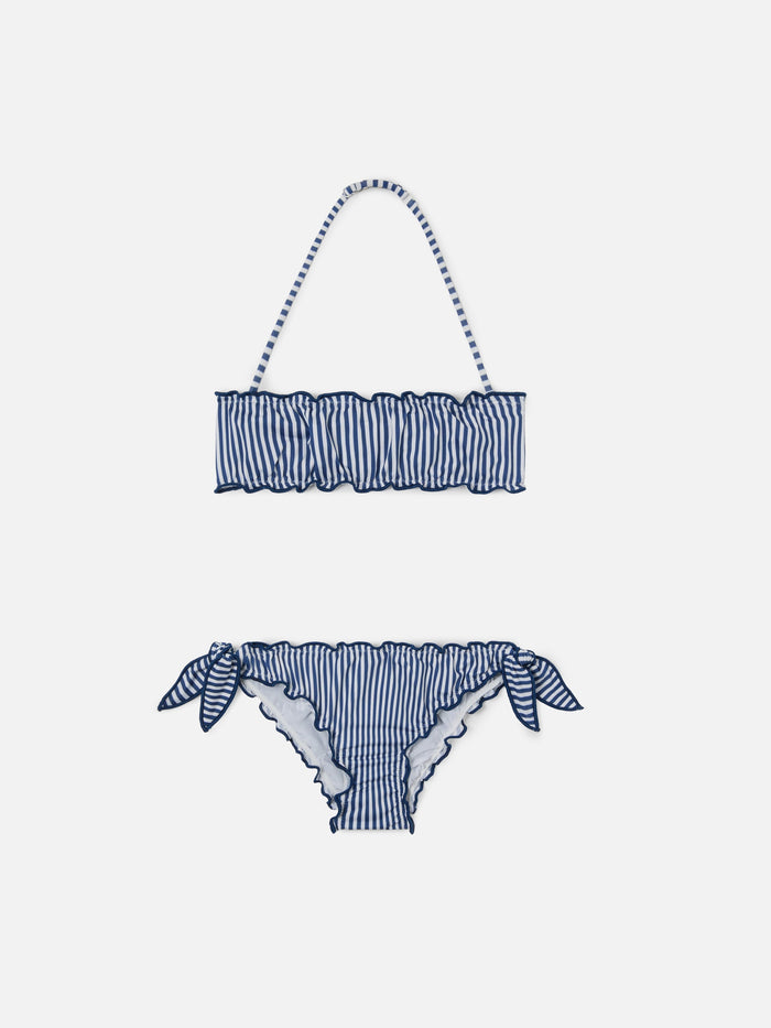 Emy White And Blue Striped Bikini With Ruffled Edges __single__