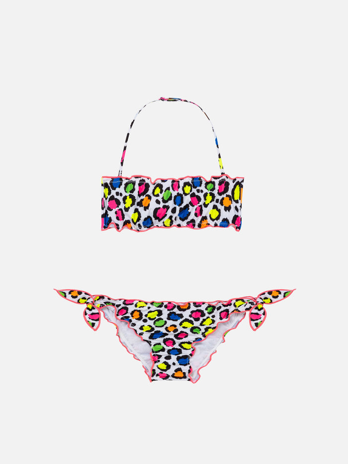Girl Bandeau Bikini With Leopard Print White