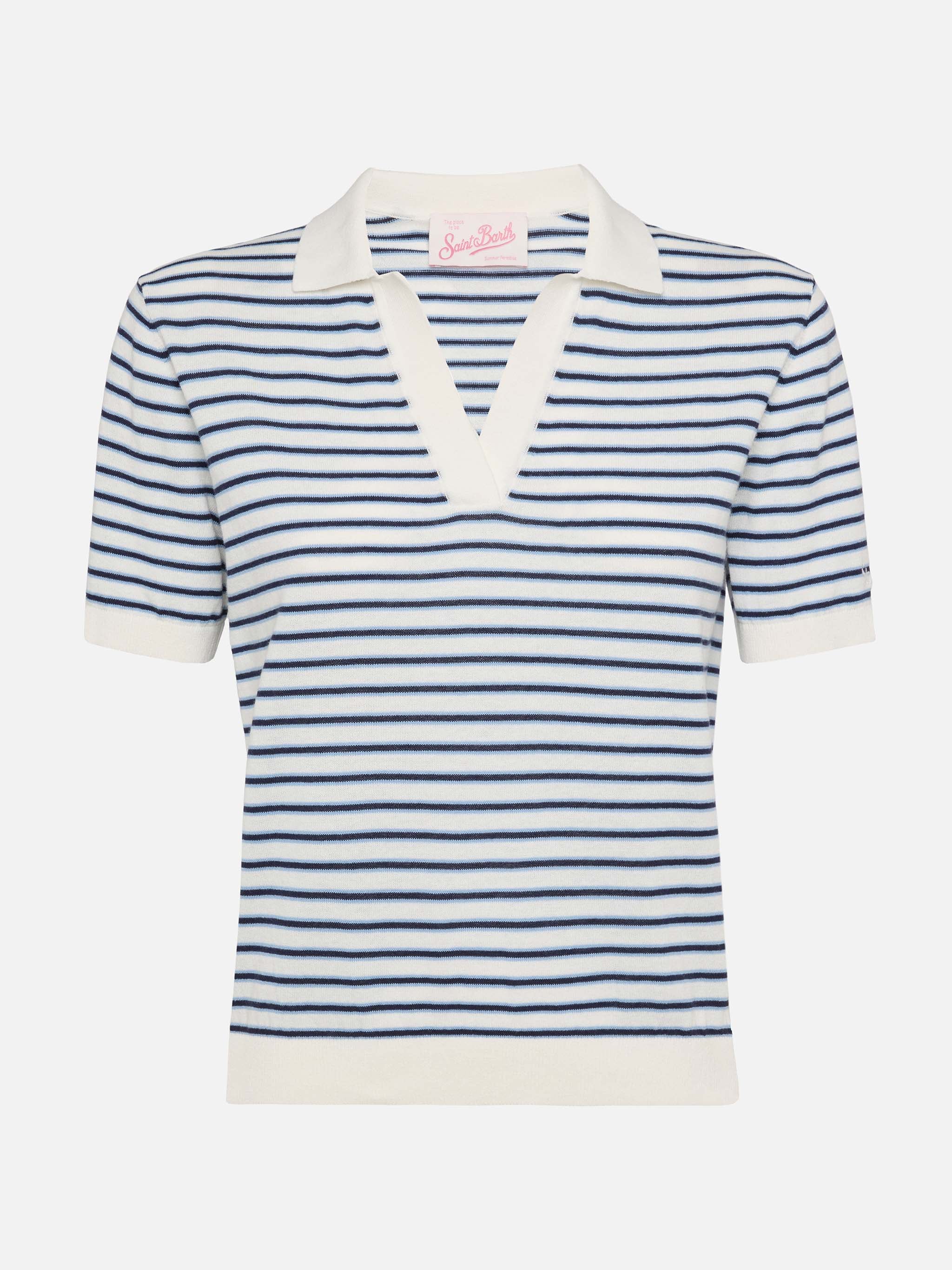 Blue Striped Knitted Polo Evonne Knitwear