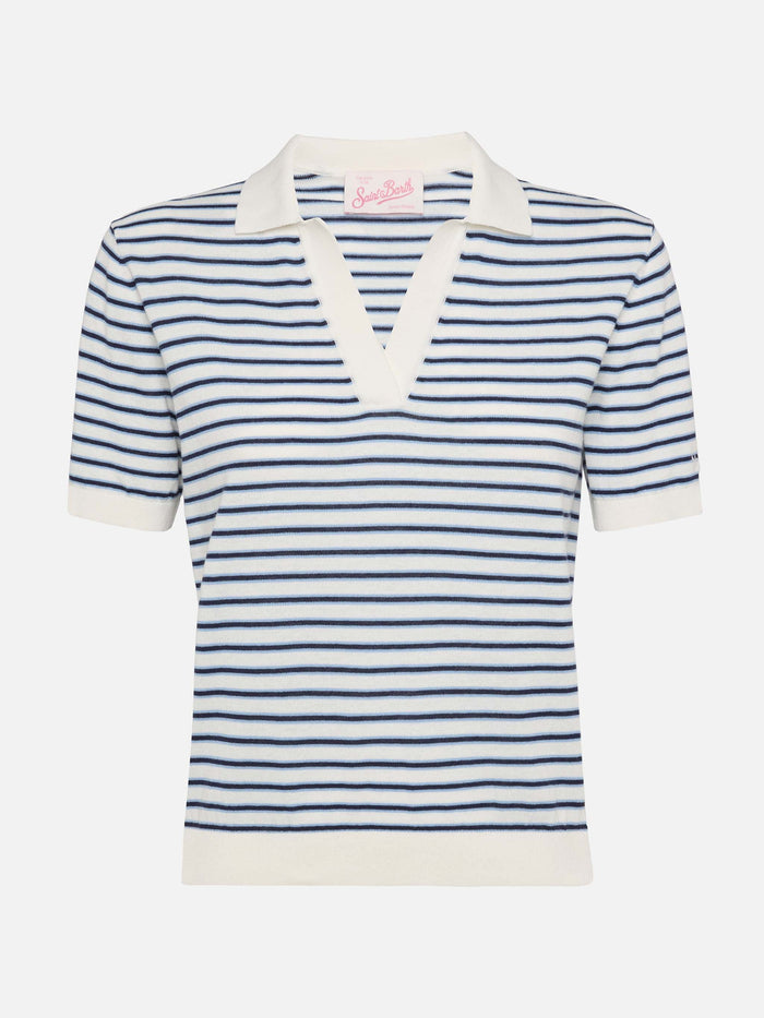 Blue Striped Knitted Polo Evonne Knitwear