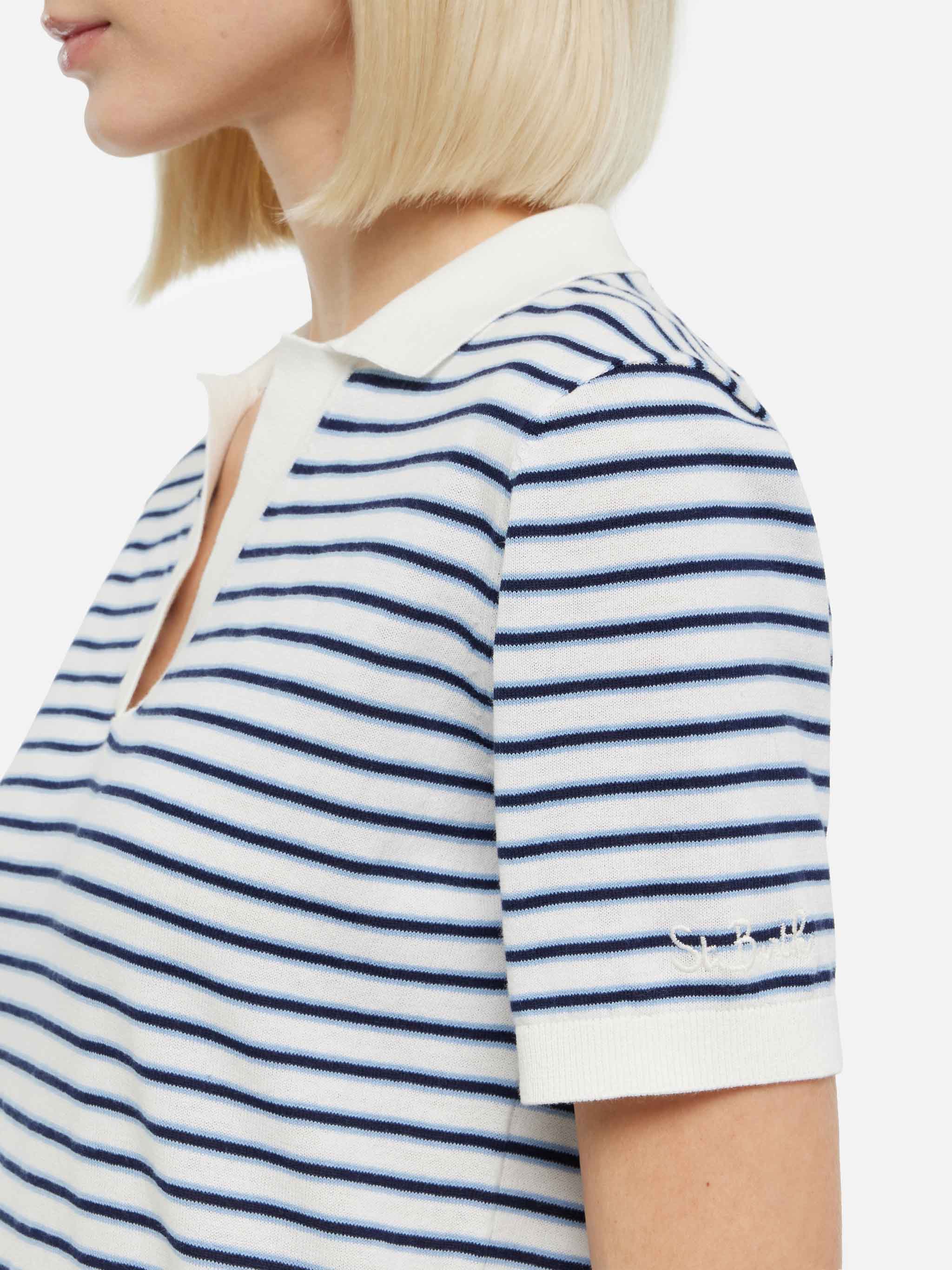Blue Striped Knitted Polo Evonne Knitwear