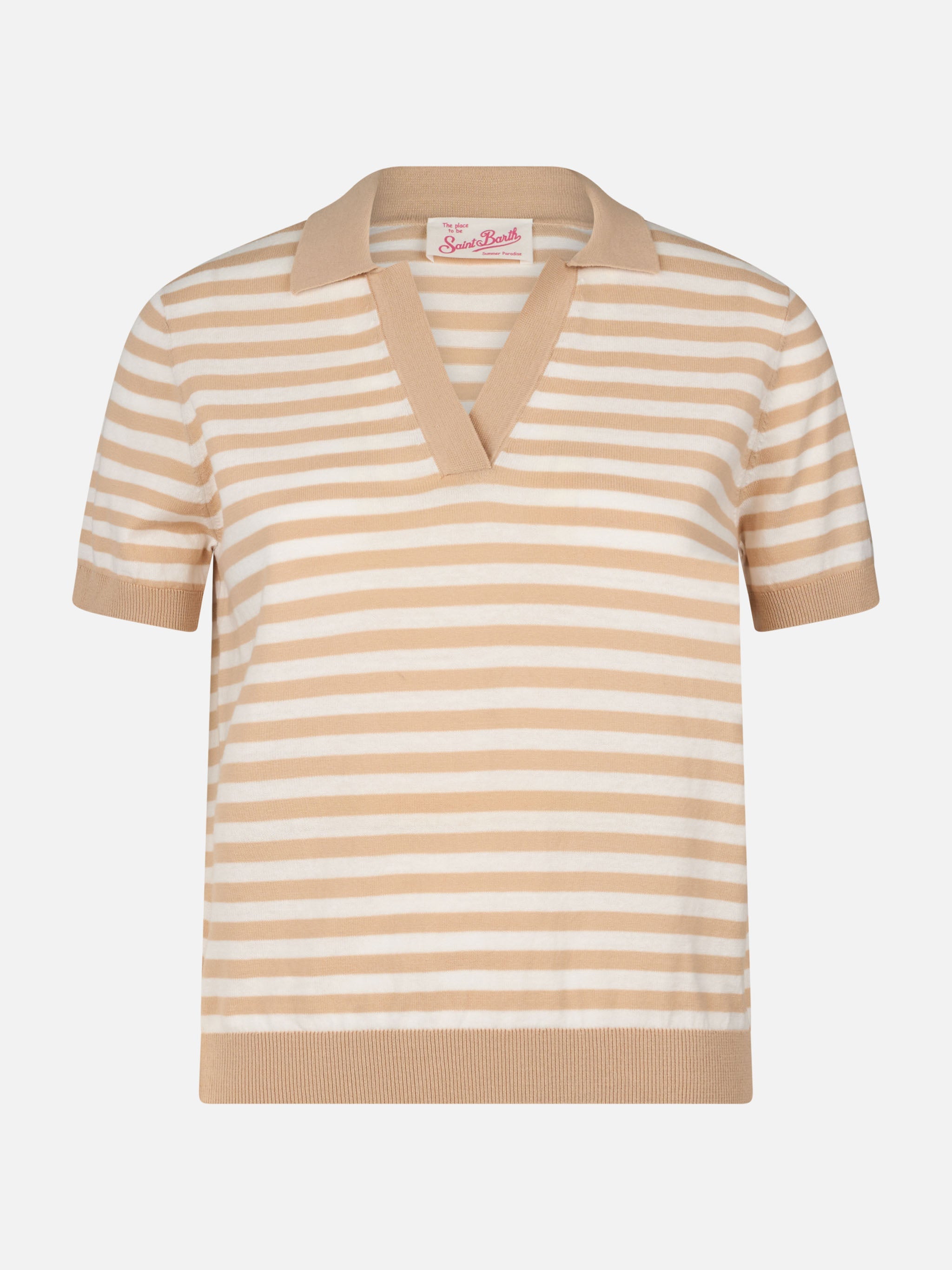 Evonne Beige And White Striped Knitted Polo Knitwear