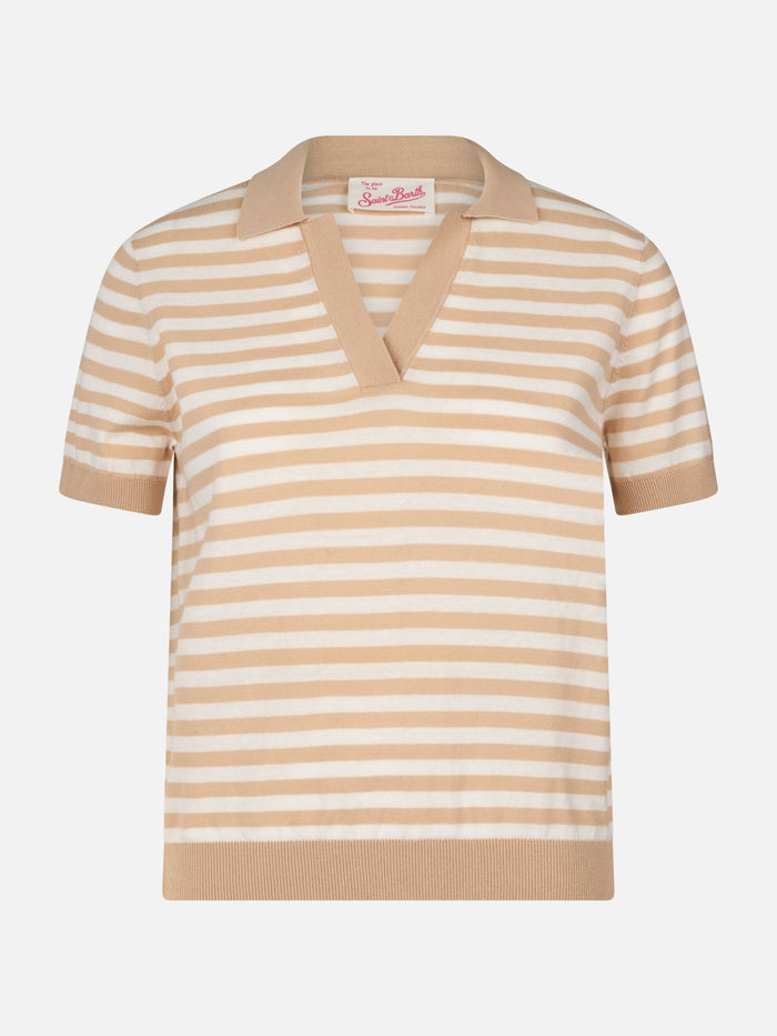 Evonne Beige And White Striped Knitted Polo Knitwear