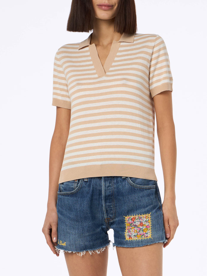 Evonne Beige And White Striped Knitted Polo Knitwear