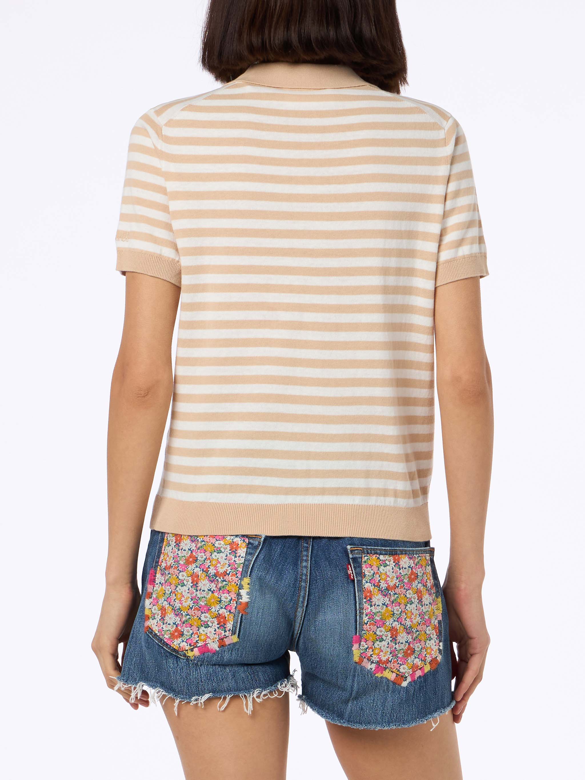 Evonne Beige And White Striped Knitted Polo Knitwear