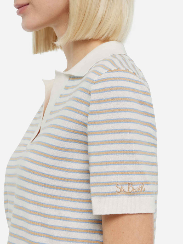 Beige Striped Knitted Polo Evonne White Knitwear