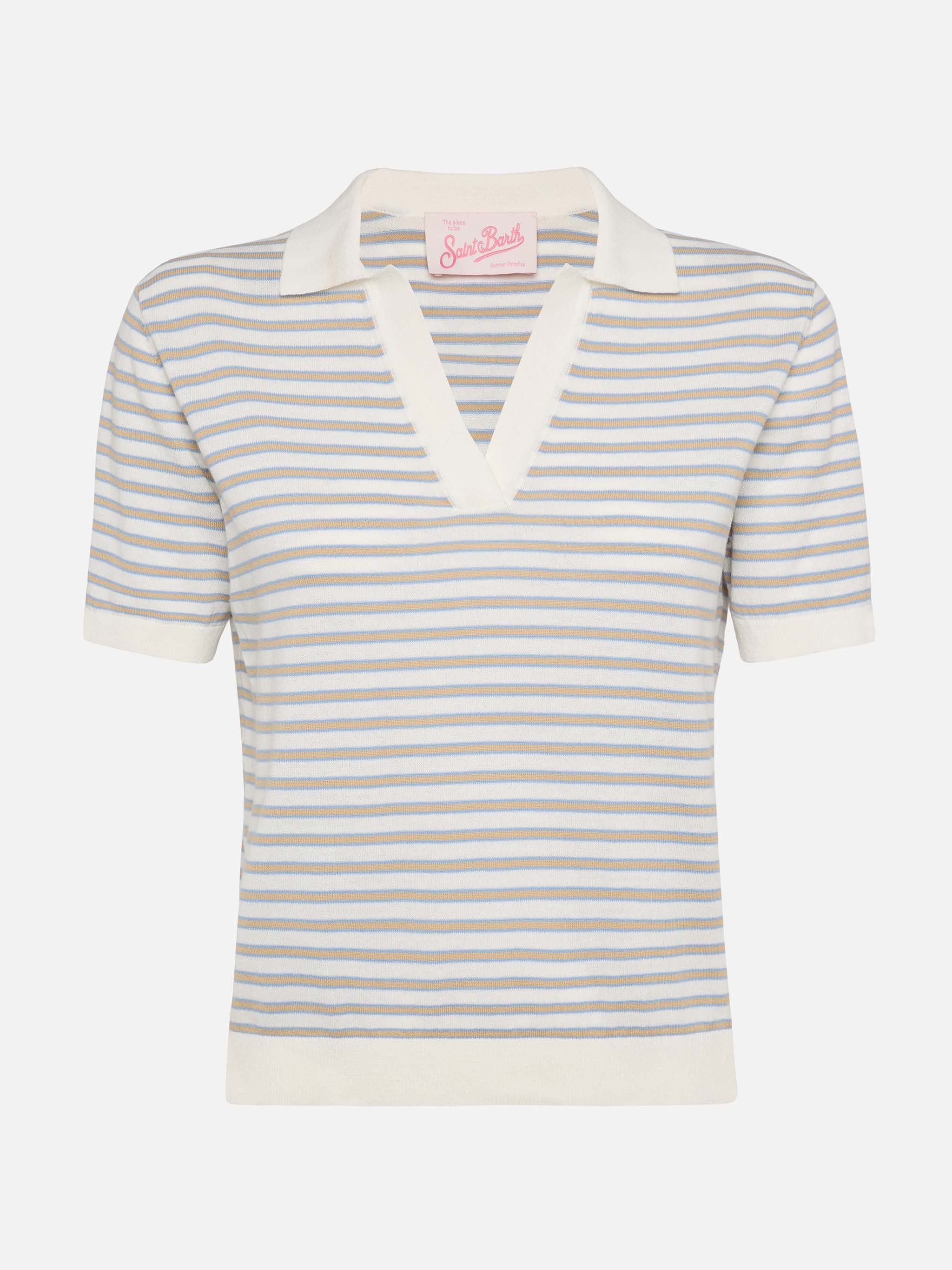Beige Striped Knitted Polo Evonne White Knitwear