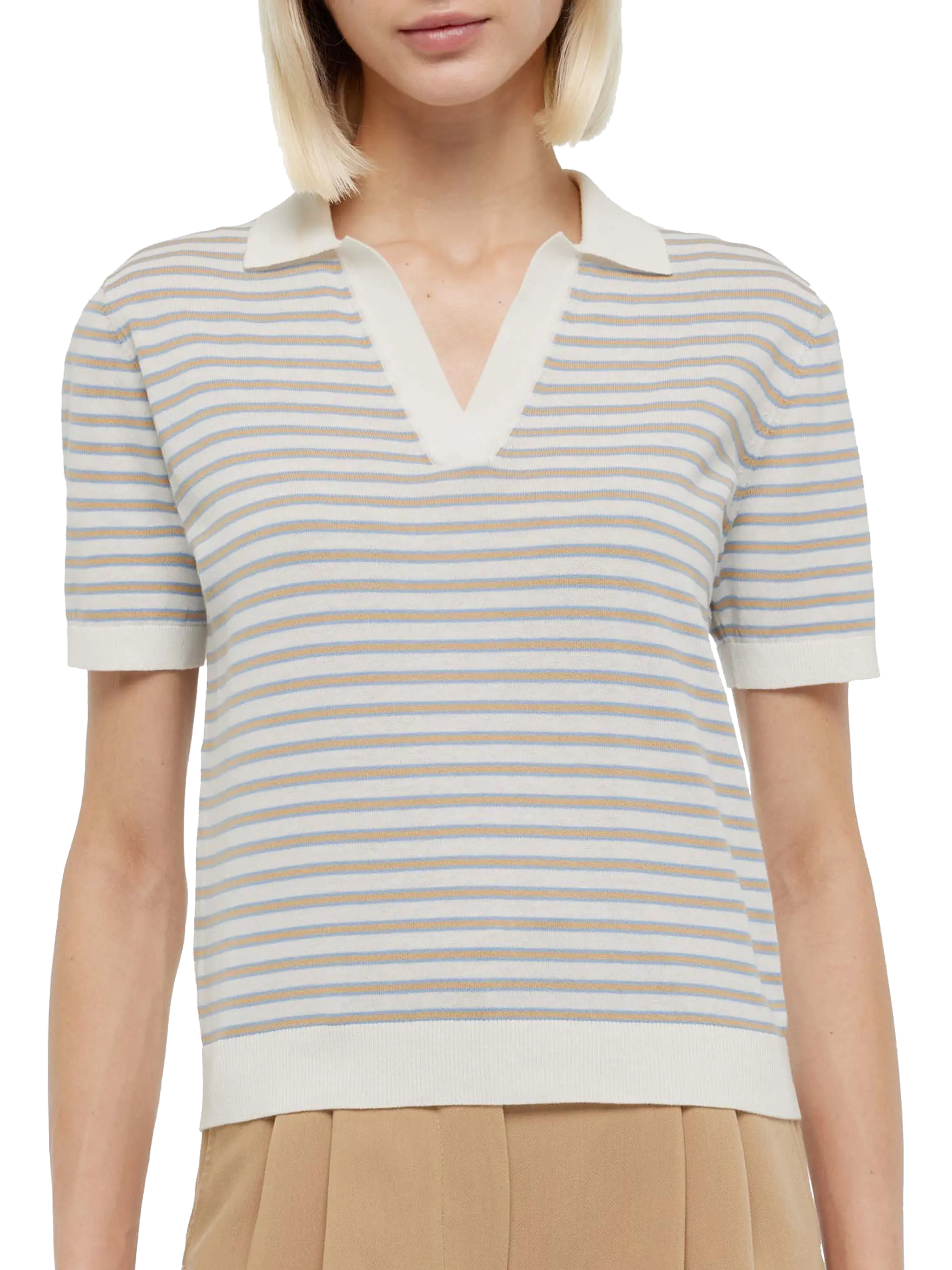 Beige Striped Knitted Polo Evonne White Knitwear