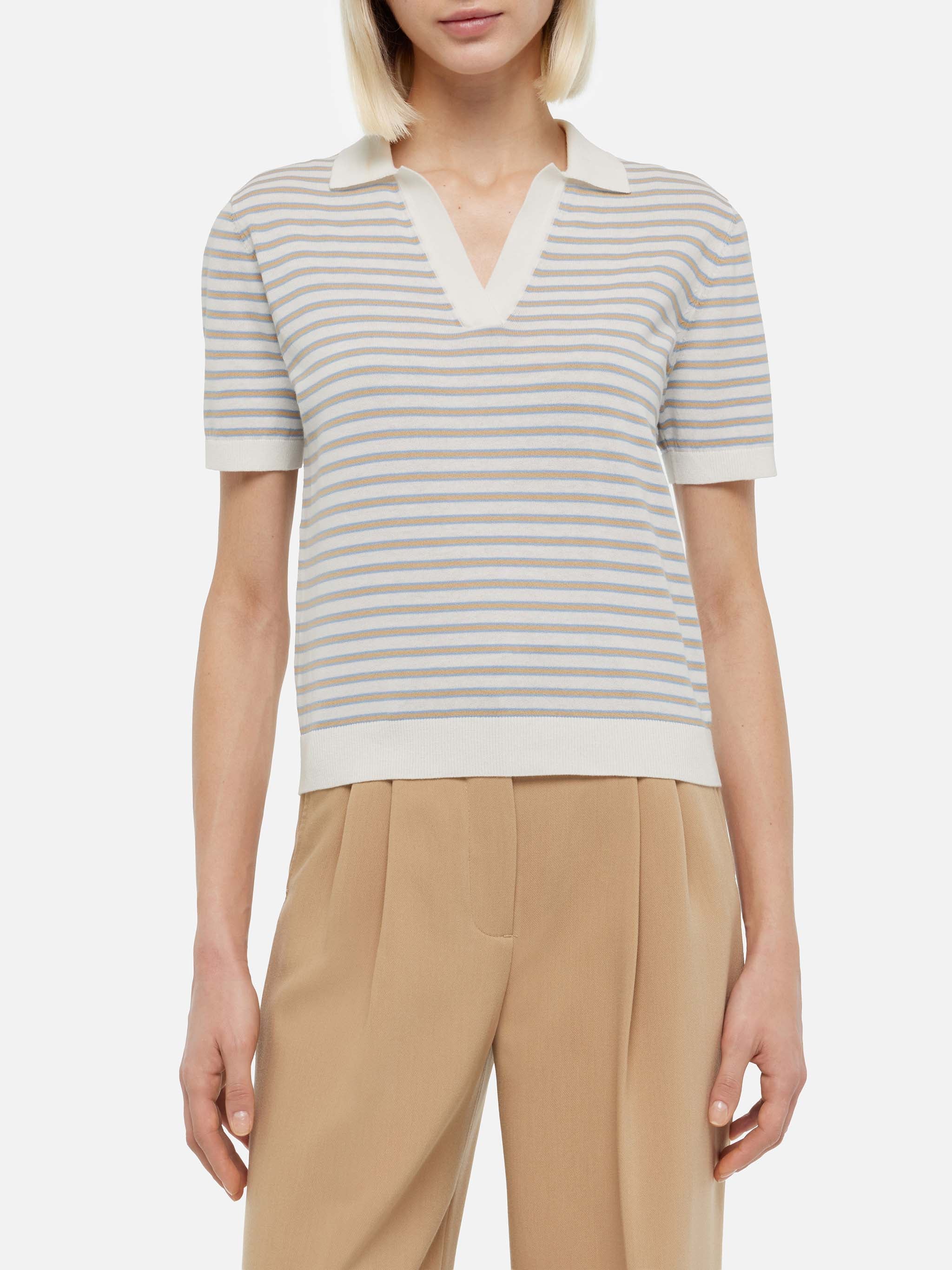 Beige Striped Knitted Polo Evonne White Knitwear