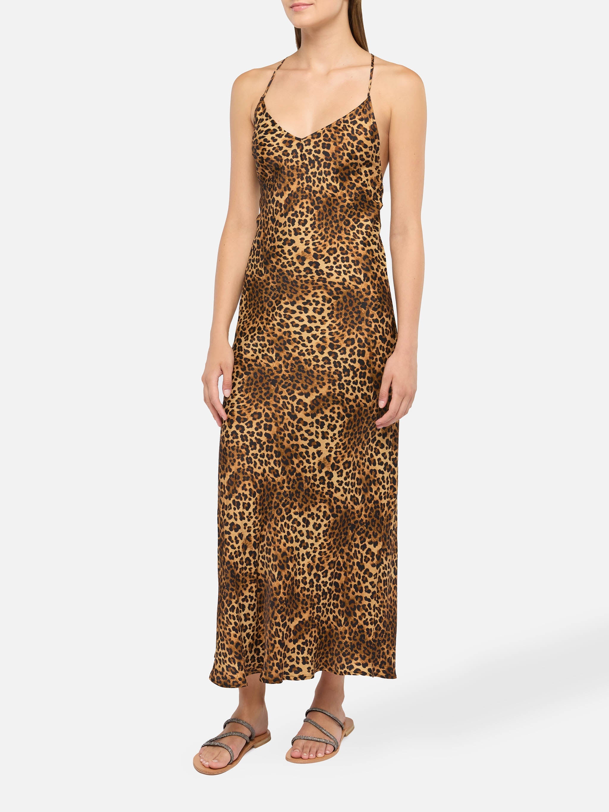 Eydis Satin Slip Dress With Animalier Print Beige