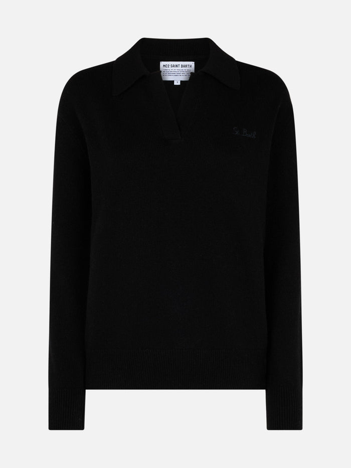 Eze Black Cashmere Blend Sweater With Polo Collar