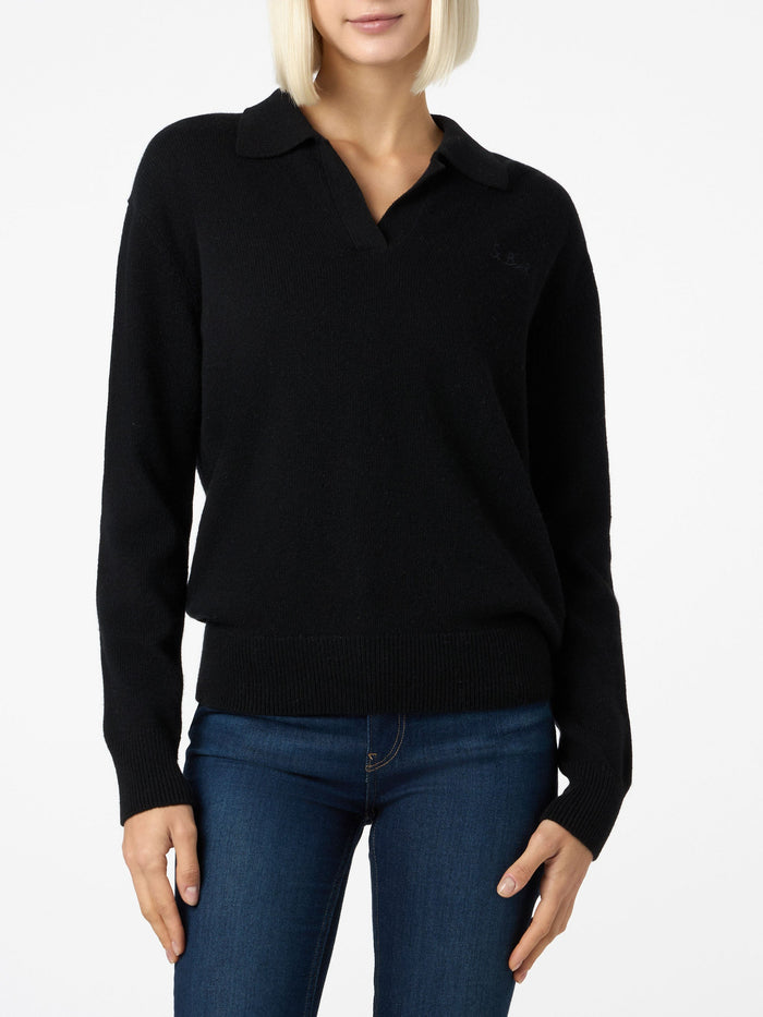 Eze Black Cashmere Blend Sweater With Polo Collar