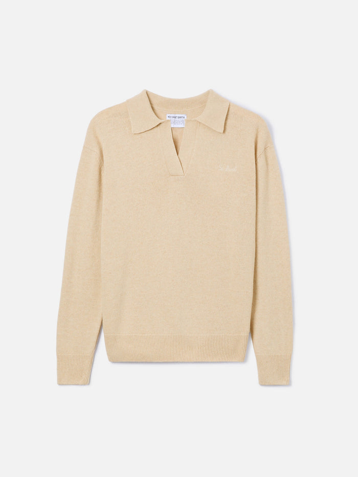 Beige Eze Blended Cashmere Sweater With Polo Collar Brown