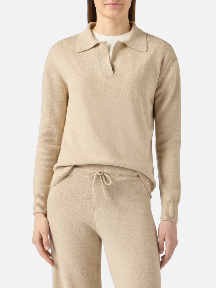 Beige Eze Blended Cashmere Sweater With Polo Collar Brown