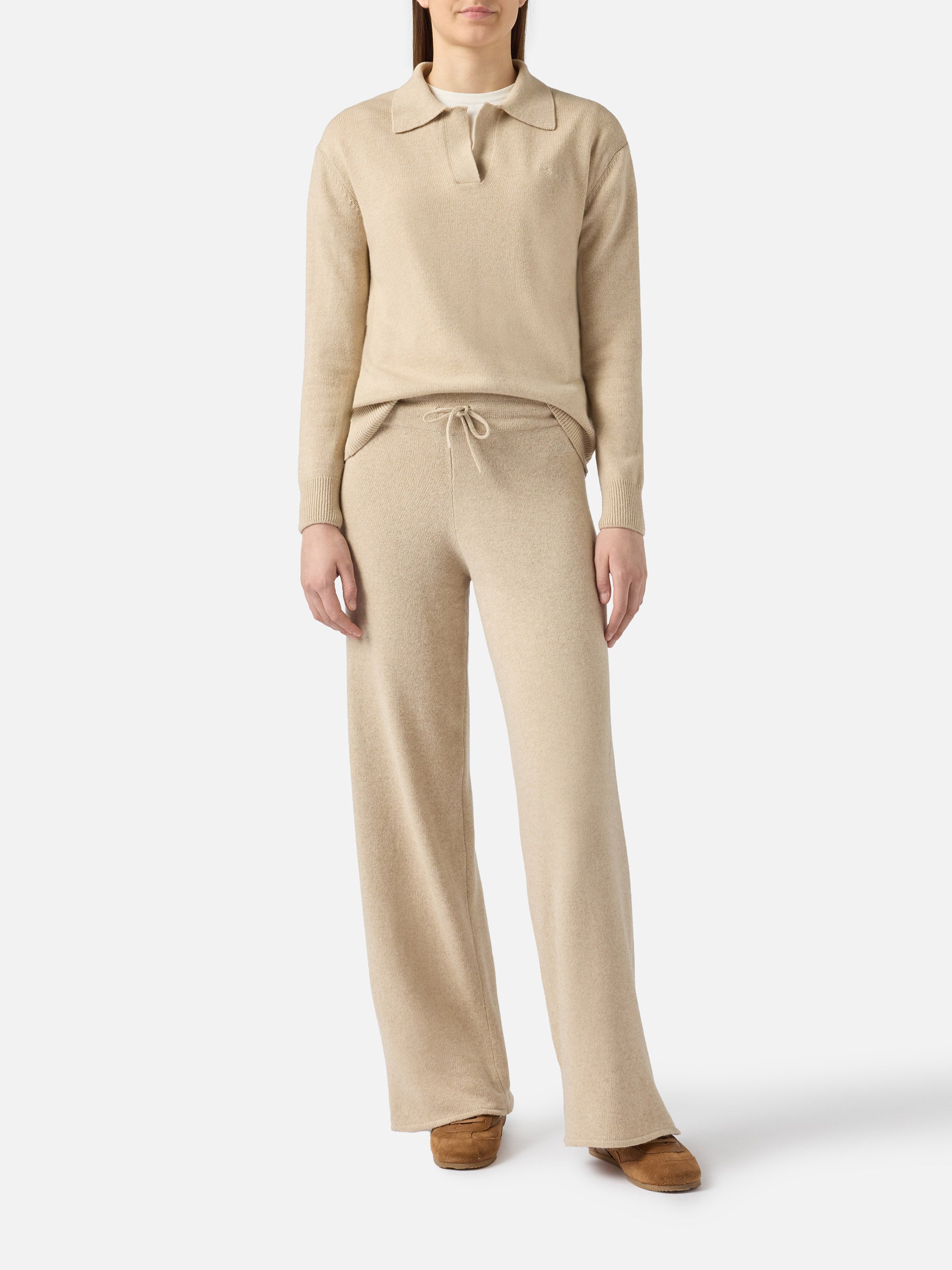 Beige Eze Blended Cashmere Sweater With Polo Collar Brown