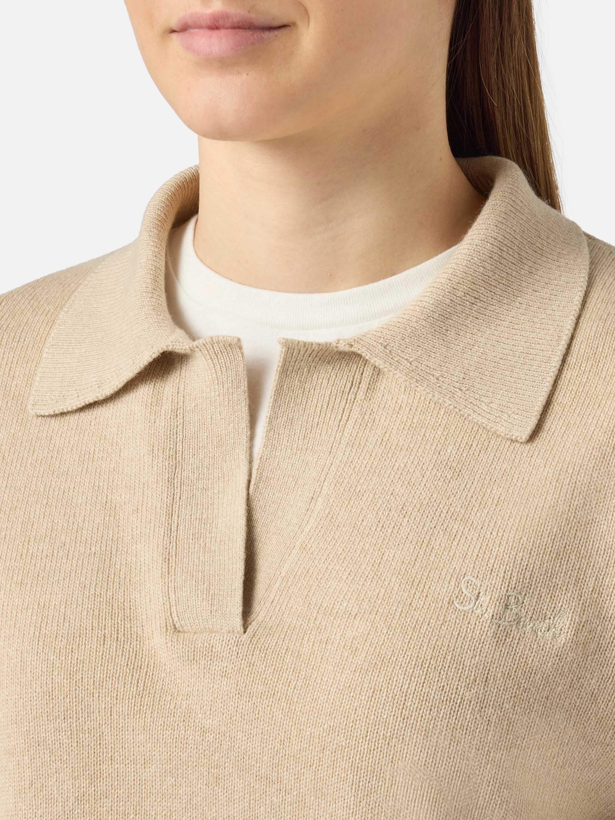 Beige Eze Blended Cashmere Sweater With Polo Collar Brown