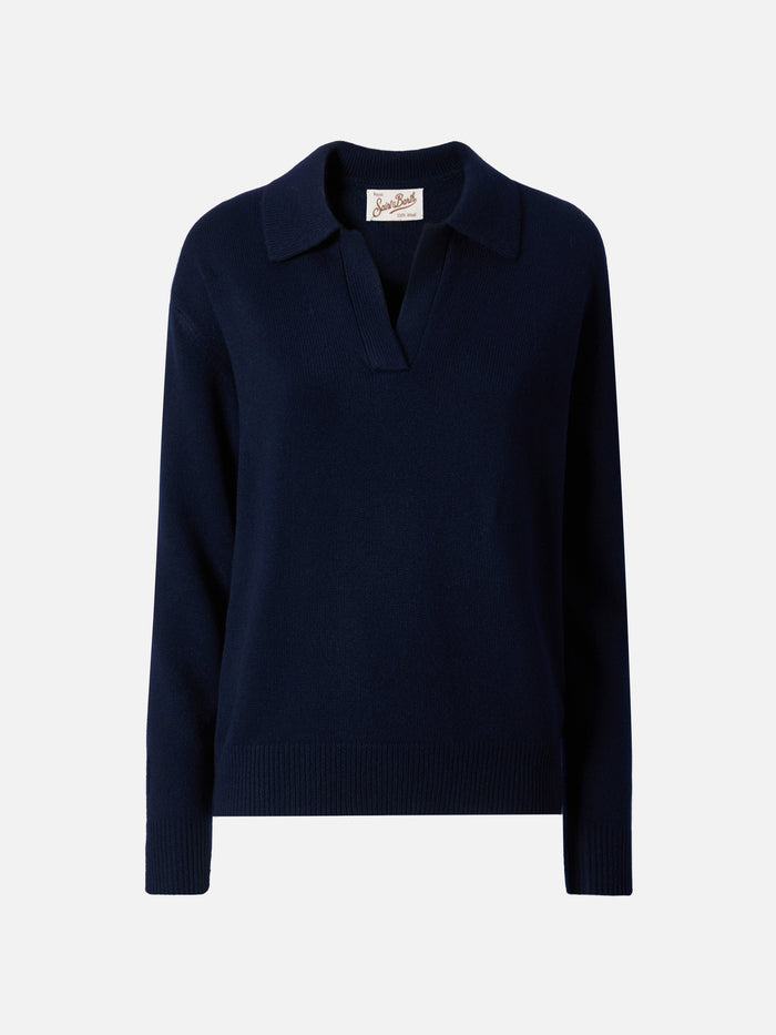 Midnight Blue Eze Wool Sweater With Polo Collar