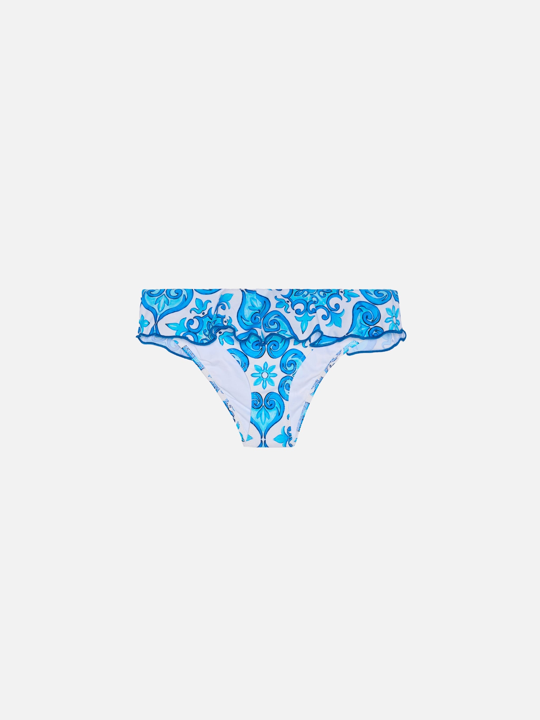 Girl Ruffled Swim Briefs With Majolica Print White Bottom