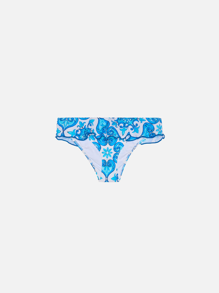 Girl Ruffled Swim Briefs With Majolica Print White Bottom