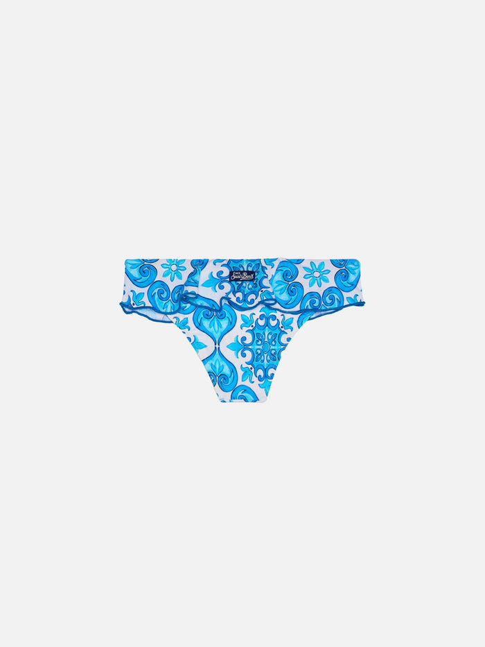 Girl Ruffled Swim Briefs With Majolica Print White Bottom
