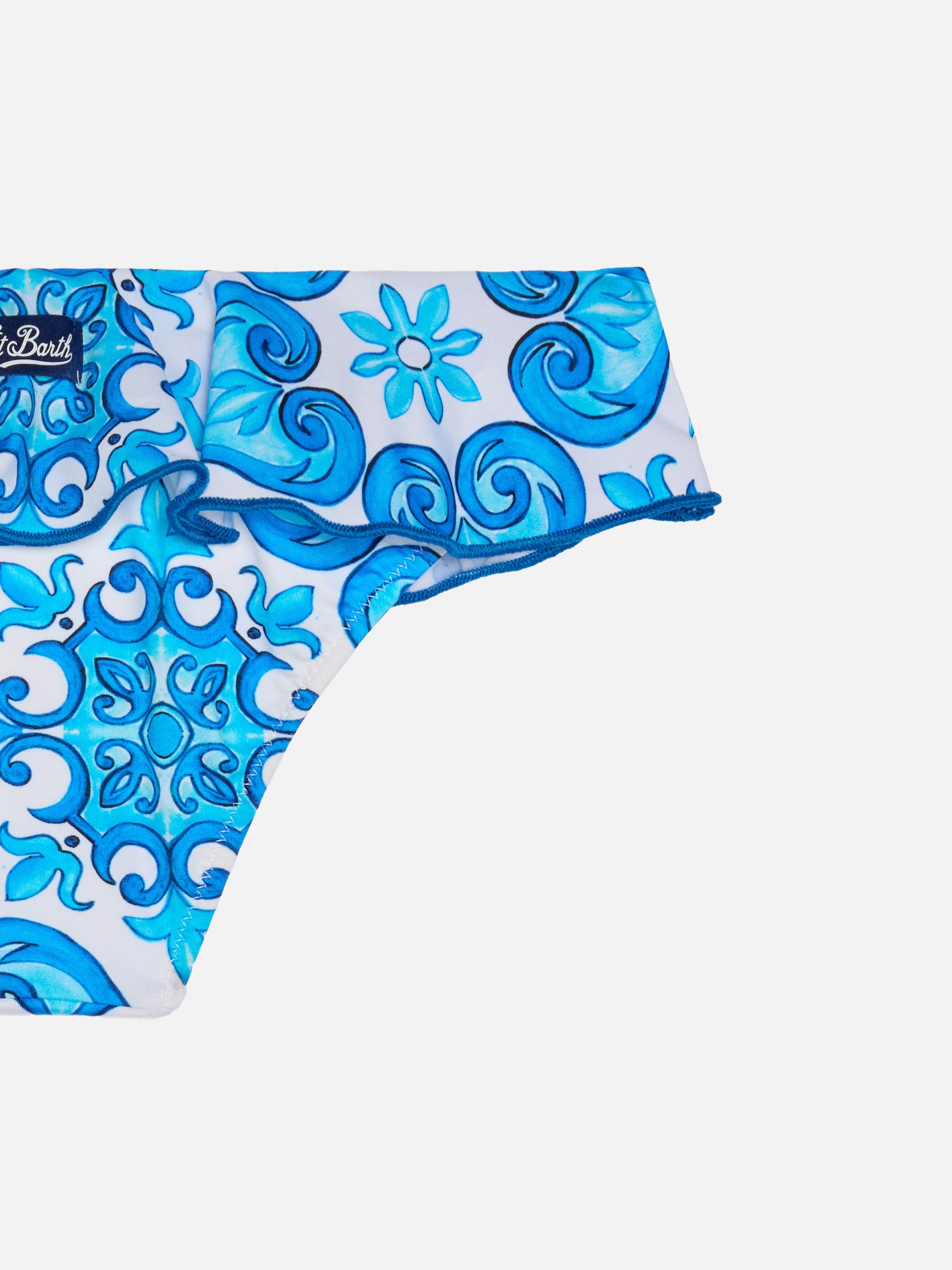 Girl Ruffled Swim Briefs With Majolica Print White Bottom
