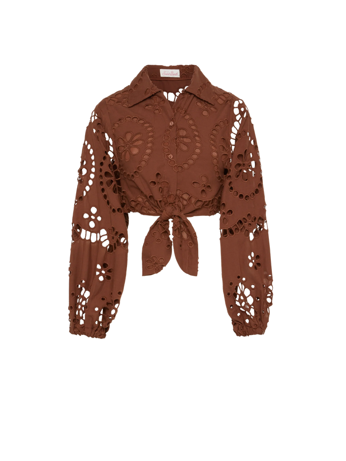 Febe Camel Brown Cotton Sangallo Lace Shirt