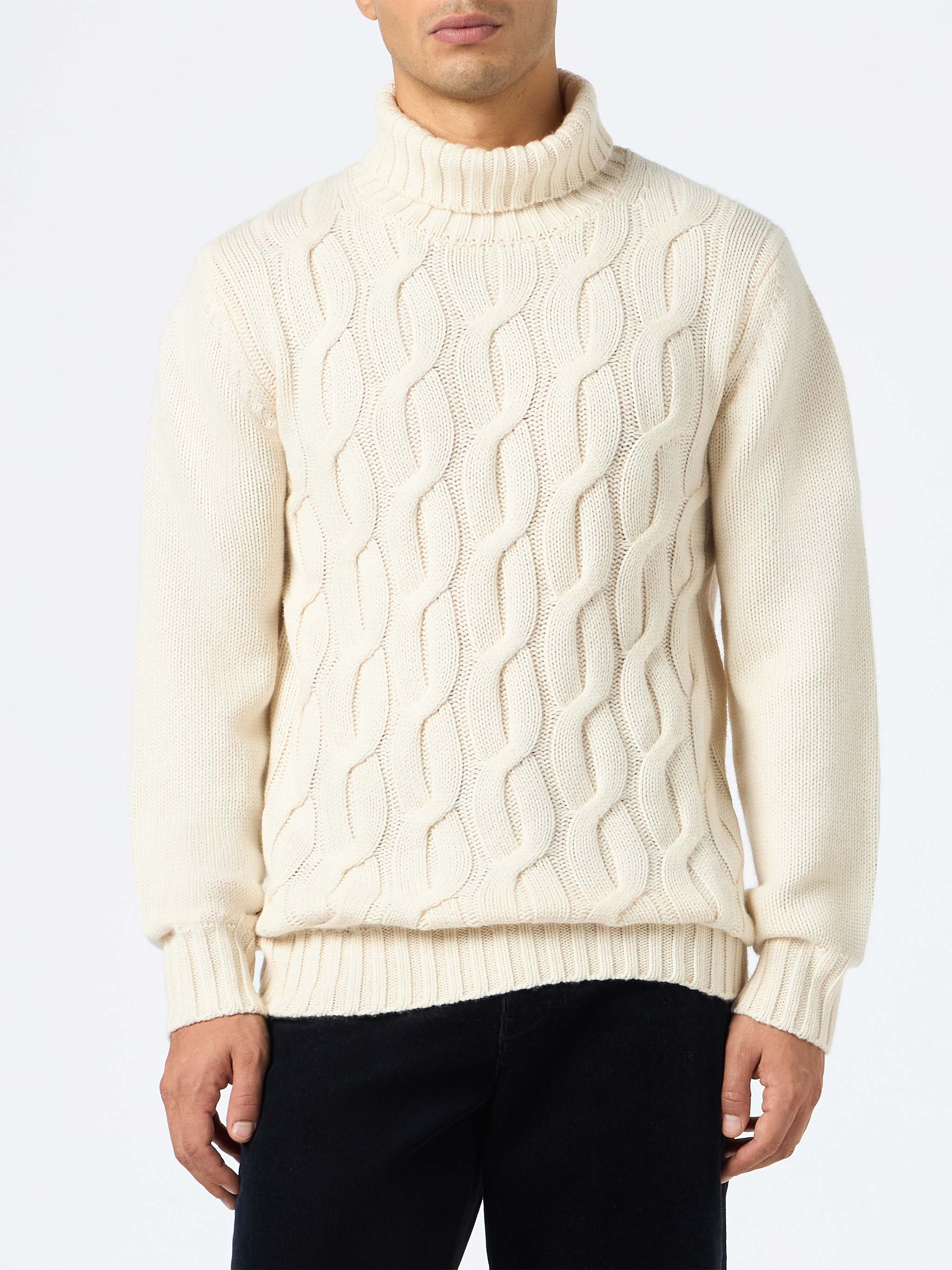 Man Cable Knit Blend Cashmere Sweater Fisherman White