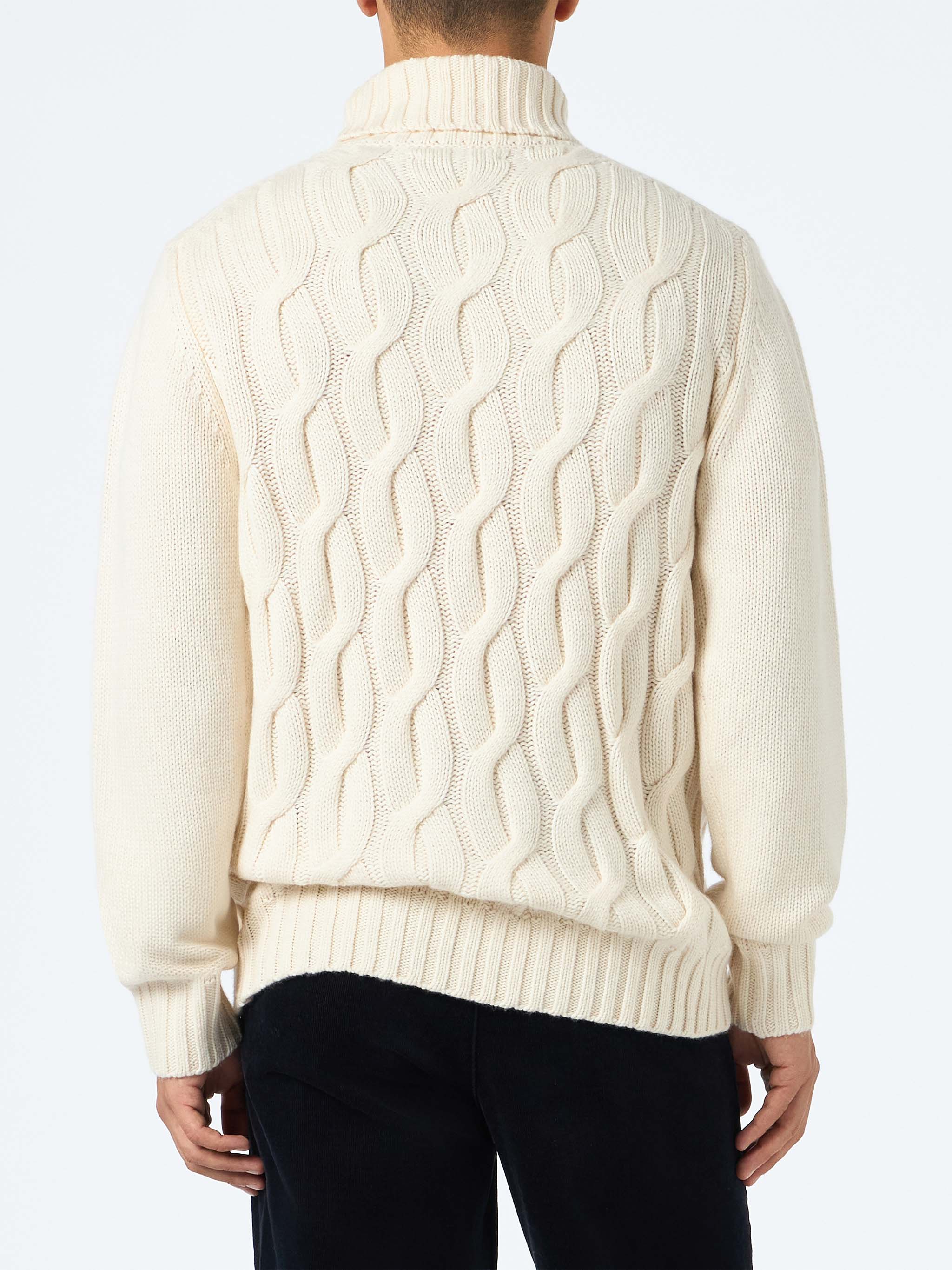 Man Cable Knit Blend Cashmere Sweater Fisherman White