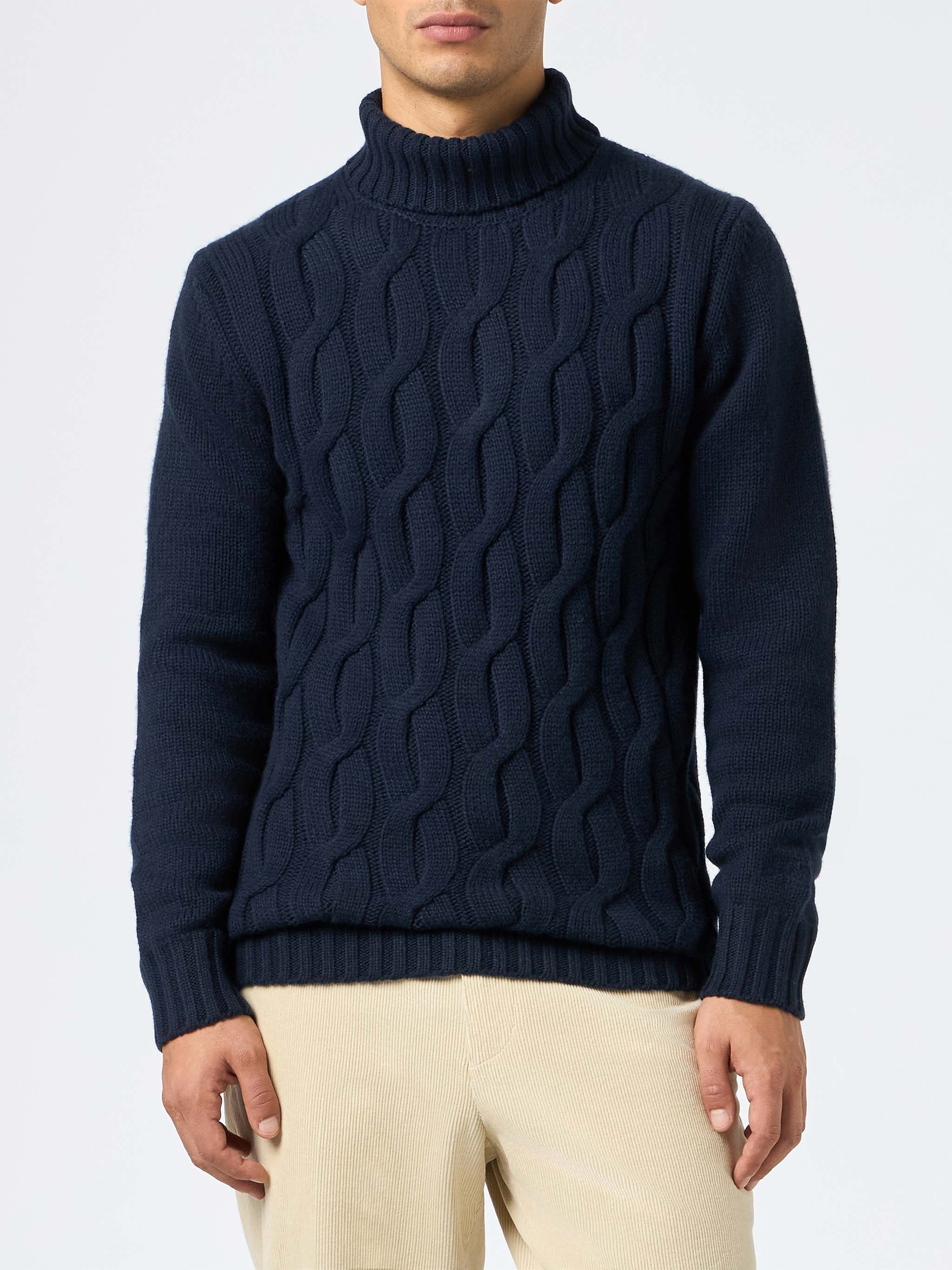 Man Cable Knit Blend Cashmere Sweater Fisherman Blue